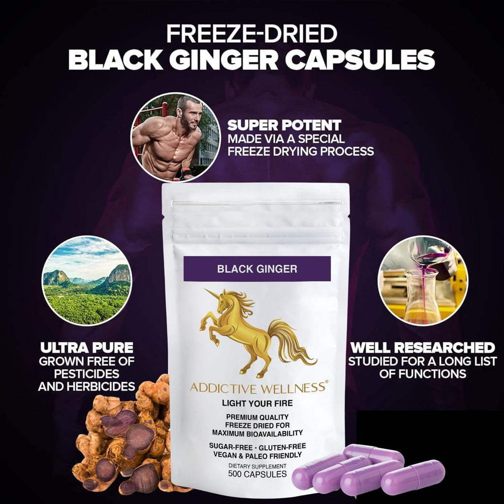 Addictive Wellness Black Ginger Capsules 450mg – Kaempferia Parviflora for Energy, Endurance & Metabolism | 500 Count