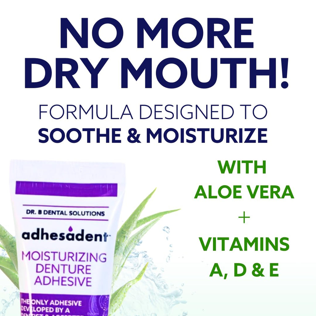 Dr. B Adhesadent Moisturizing Denture Adhesive – Zinc-Free, Natural Taste, ADA Approved – 4×0.75 oz Travel Pack
