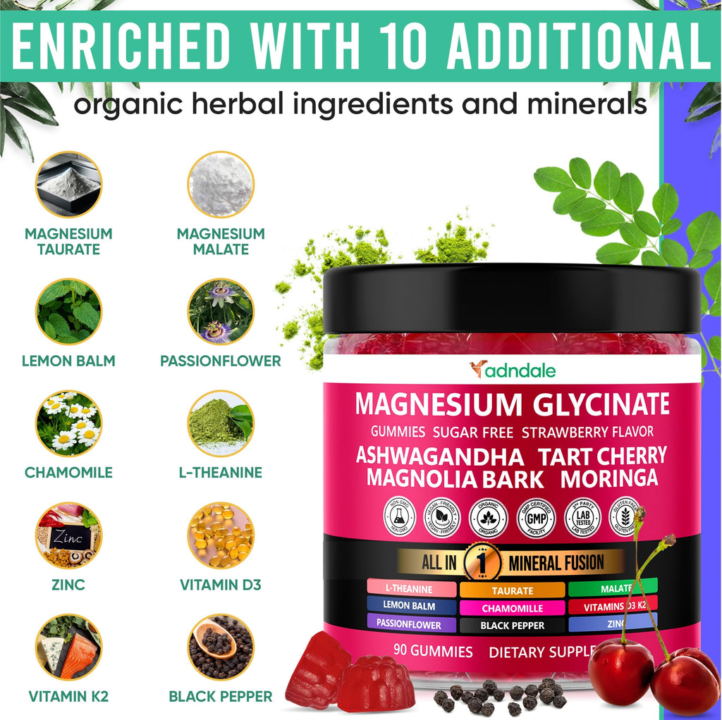 Adndale 90ct 15-in-1 Magnesium Glycinate Gummies (400 mg/serv) – with Magnesium Malate, Ashwagandha, Tart Cherry, Zinc & Vitamins K2 & D3