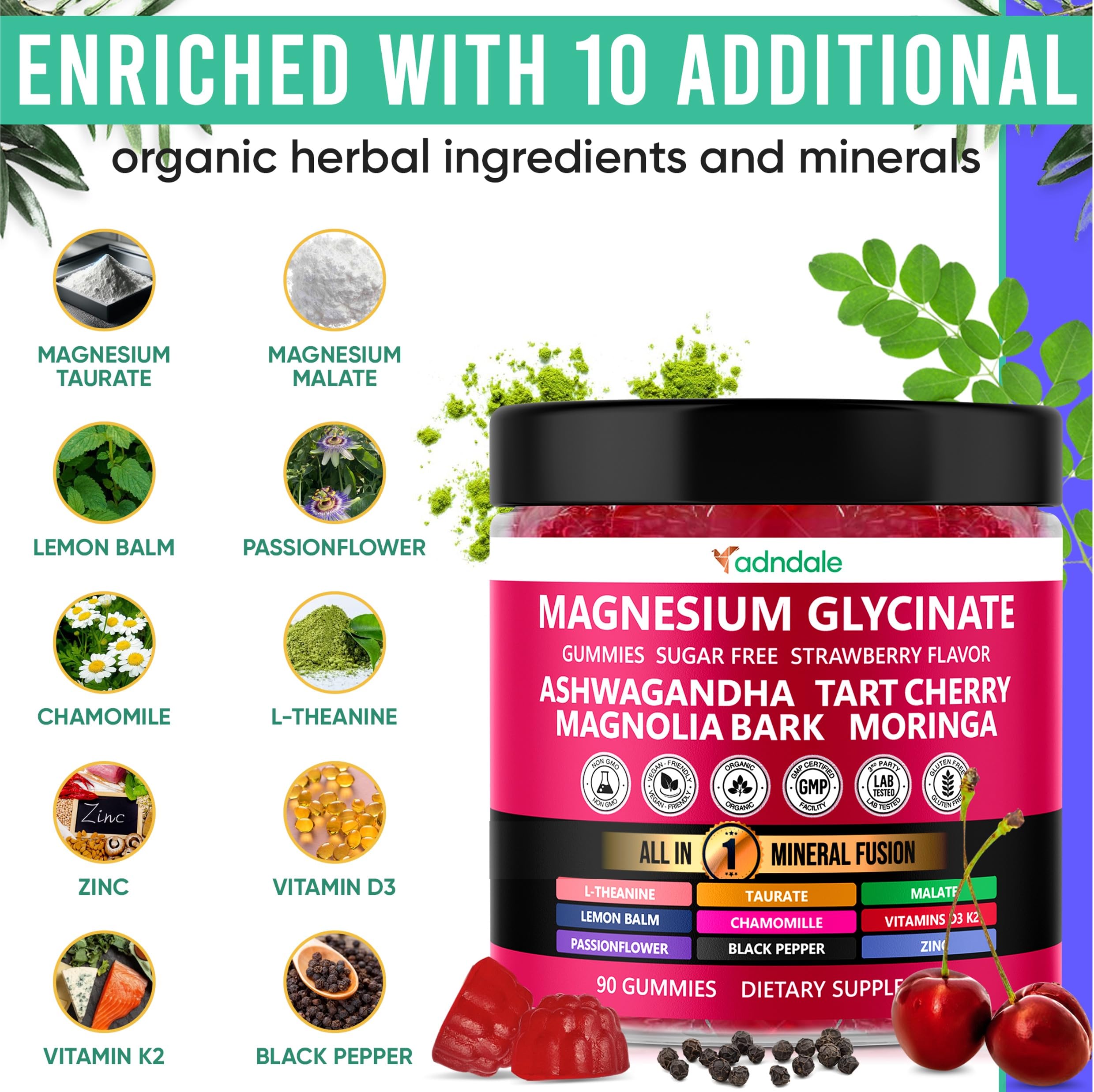Adndale 90ct 15-in-1 Magnesium Glycinate Gummies (400 mg/serv) – with Magnesium Malate, Ashwagandha, Tart Cherry, Zinc & Vitamins K2 & D3