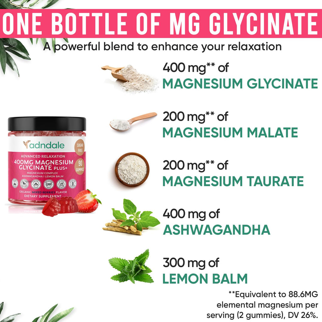 Adndale 90 ct Magnesium Glycinate Gummies with Ashwagandha & Taurate – Sugar-Free