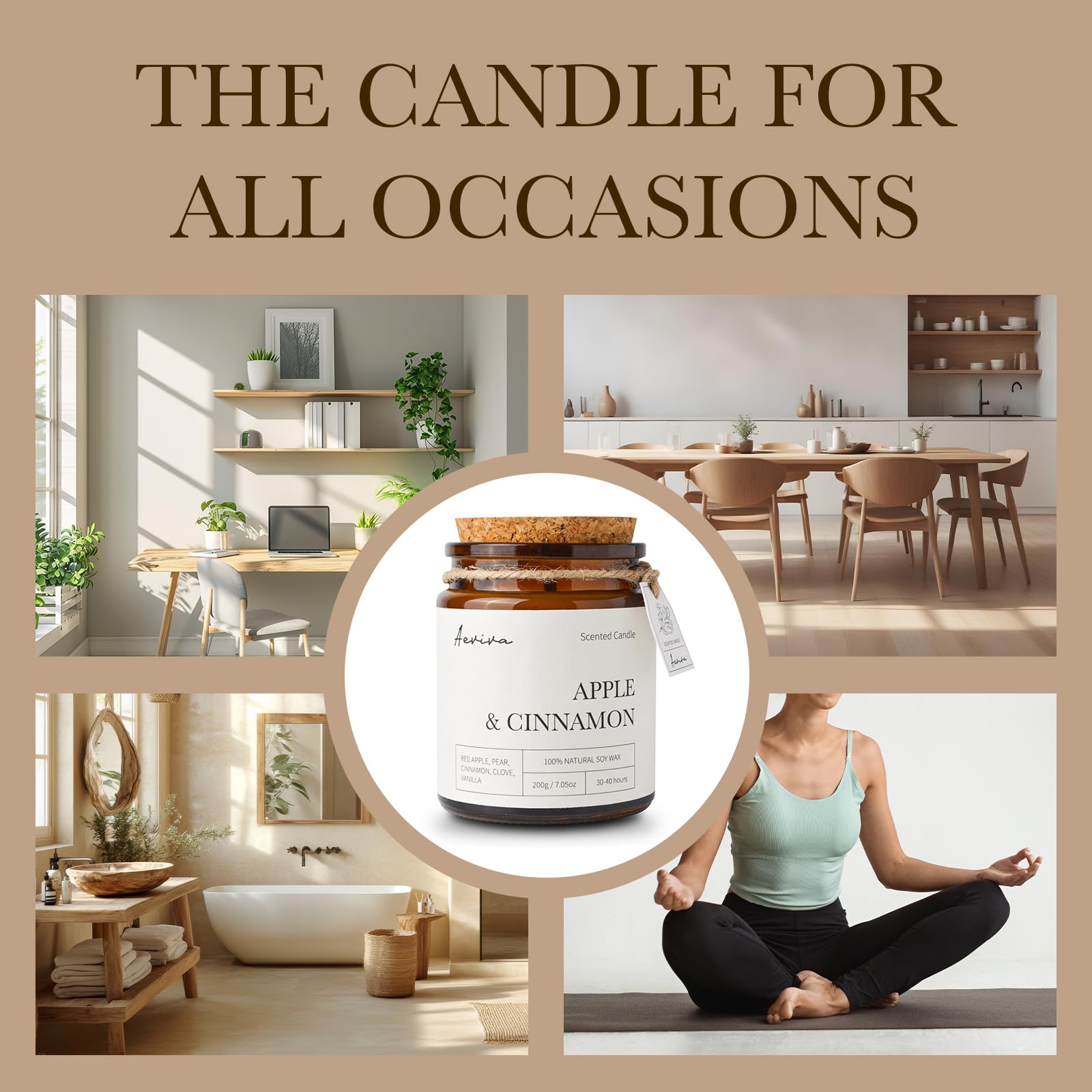 Aeviva Apple & Cinnamon Scented Candle - 7.05 oz, Natural Soy Wax, Double Wooden Wick