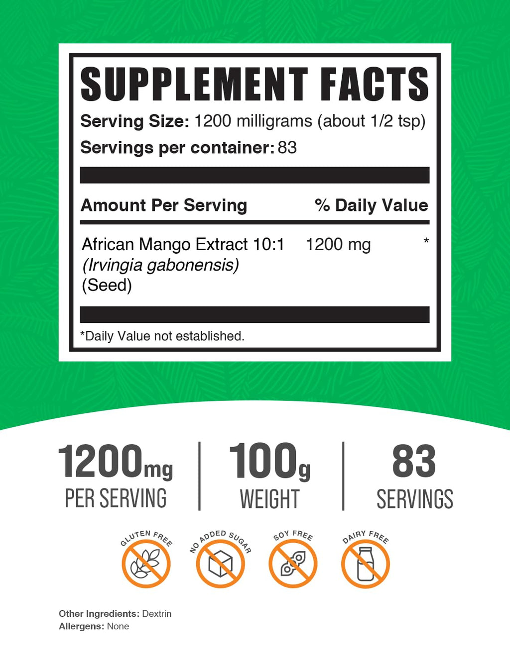 African Mango Extract Powder (Irvingia Gabonensis) – Gluten Free, 100g | BulkSupplements