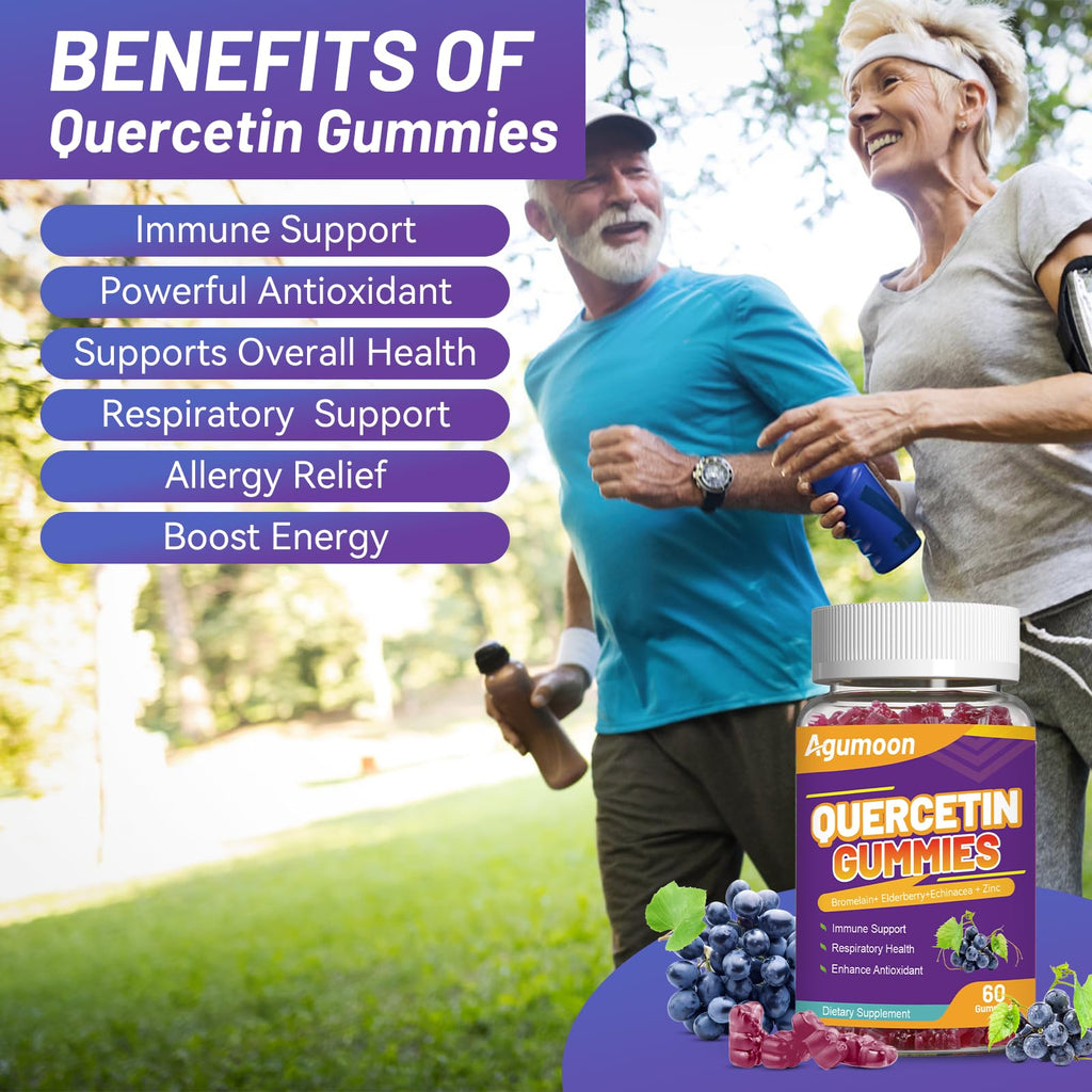 Agumoon Quercetin Gummies – 1000mg Quercetin with Bromelain, Zinc & Elderberry | Vegan Immune & Antioxidant Support (60 Count)