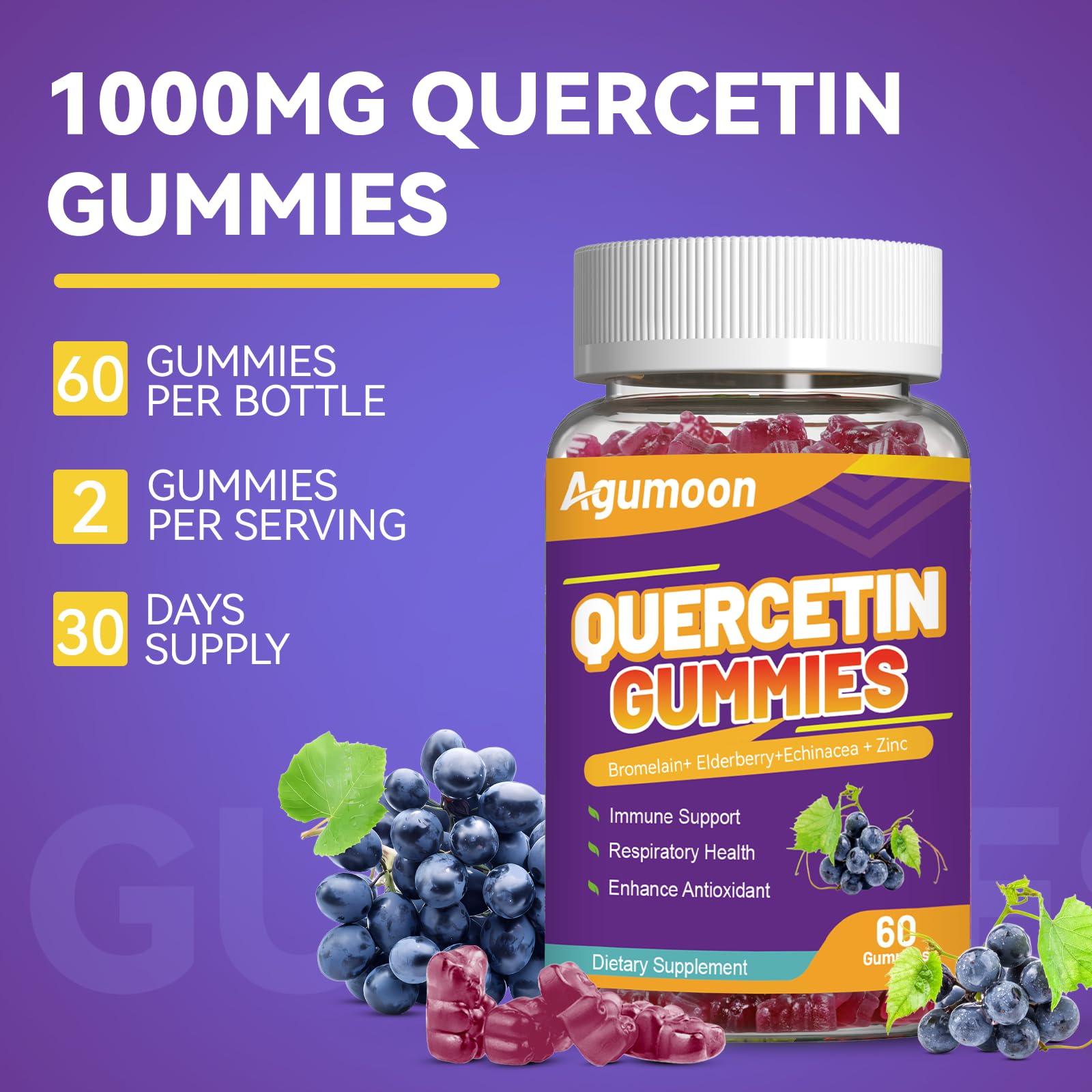Agumoon Quercetin Gummies – 1000mg Quercetin with Bromelain, Zinc & Elderberry | Vegan Immune & Antioxidant Support (60 Count)