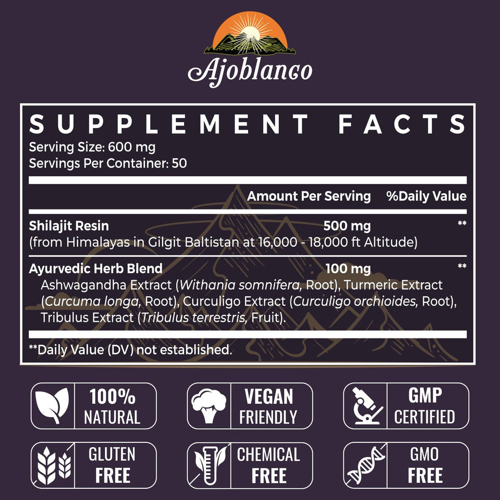 Ajoblanco 600mg Himalayan Shilajit Resin - Organic Ayurvedic Energy
