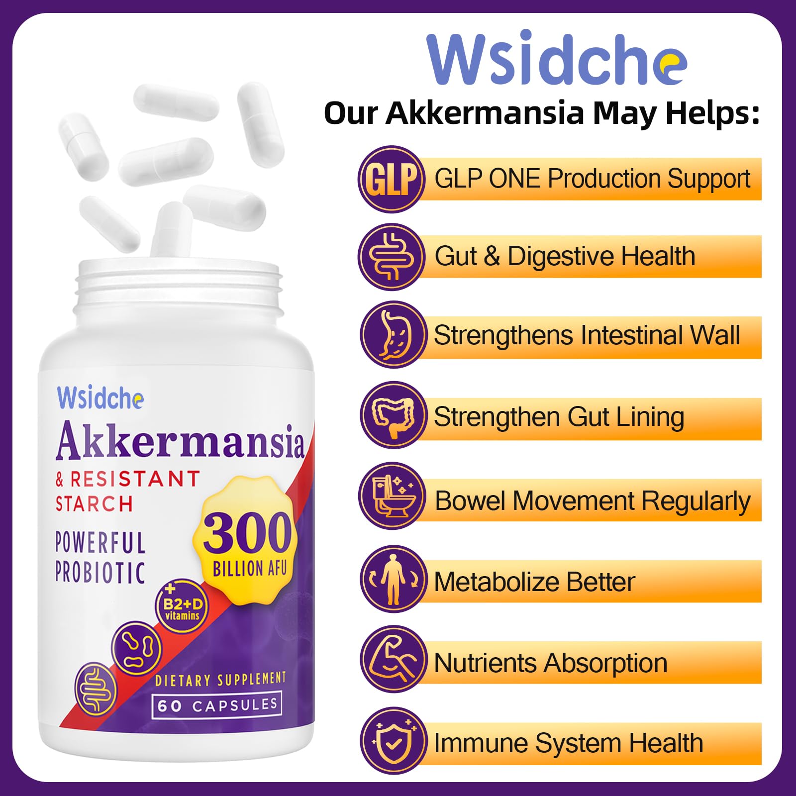 Wsidche 300 Billion AFU Akkermansia Probiotic | 3 Packs for Digestive & Gut Support