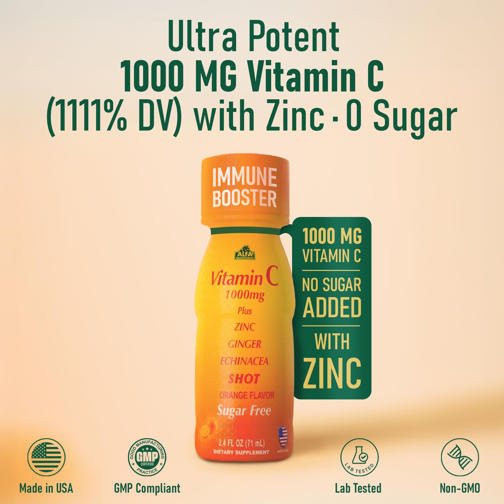 ALFA VITAMINS Vitamin C Shot 1000mg with Zinc, Ginger & Echinacea – Immune Support & Daily Wellness – Orange Flavor – 2.4 fl oz Bottle – 20 Pack
