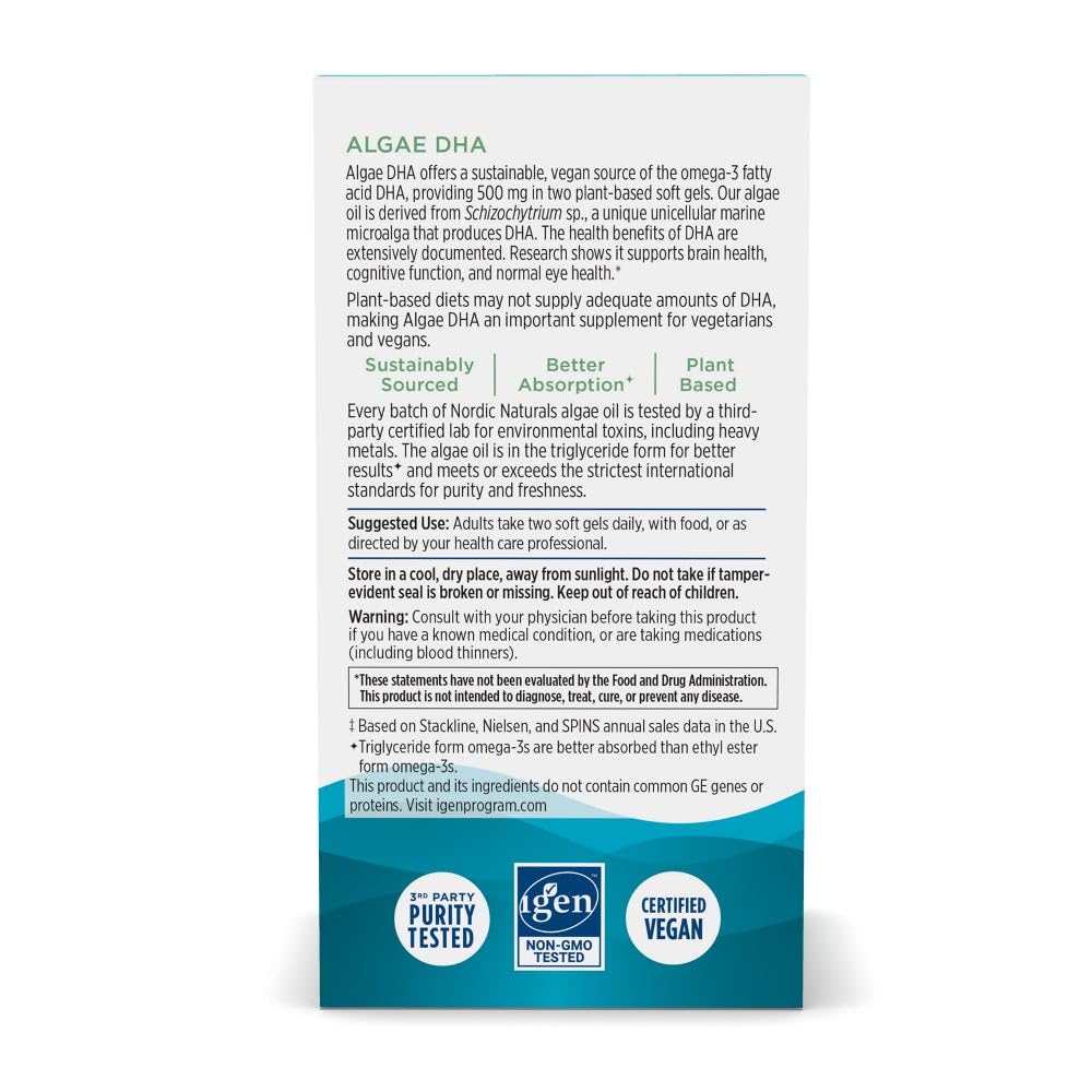 Nordic Naturals Algae DHA - 60 Soft Gels (30 Servings) | 500 mg Omega-3 DHA | Vegan Plant-Based DHA