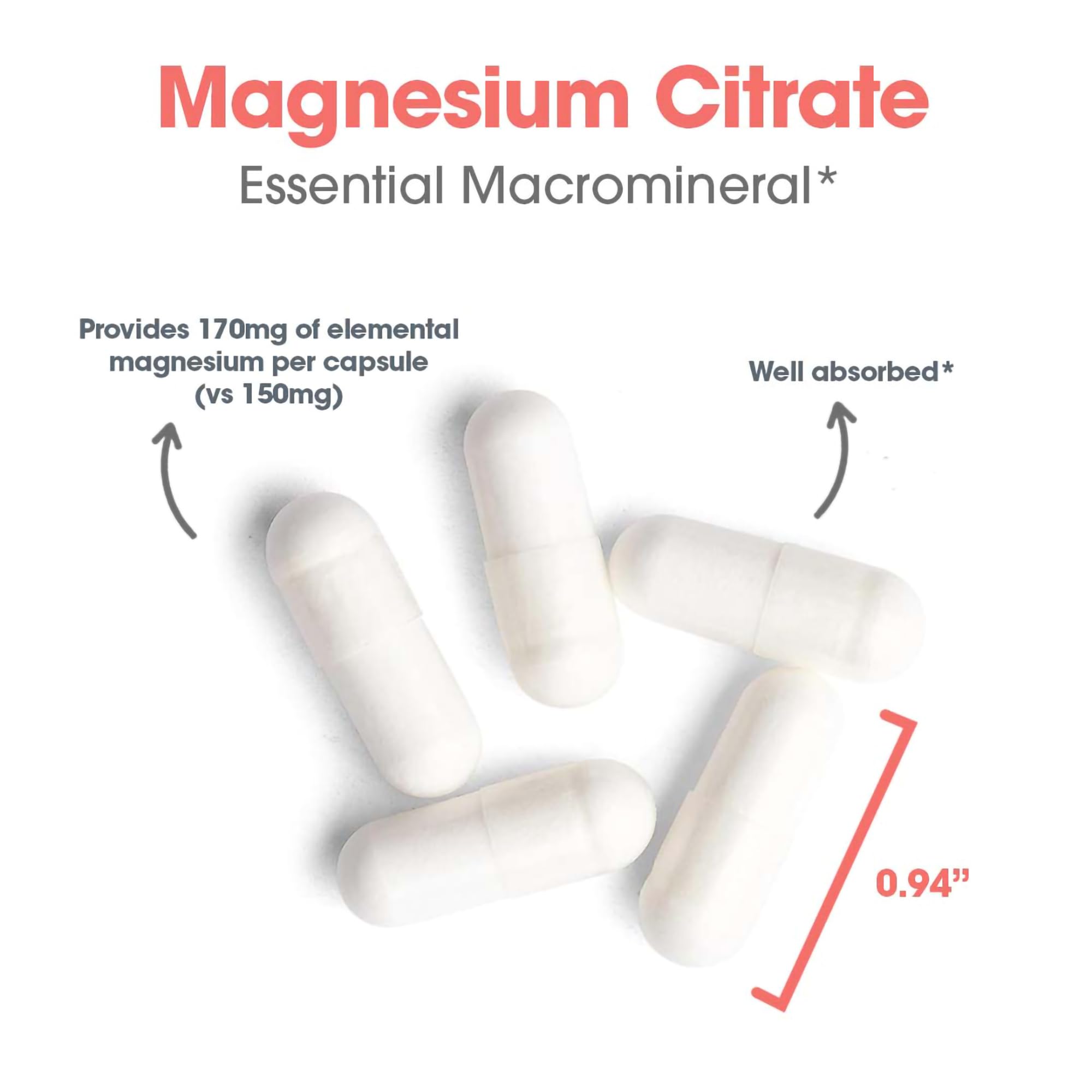 Allergy Research Group Magnesium Citrate Supplement – 170 mg per Capsule | 180 Vegetarian Capsules