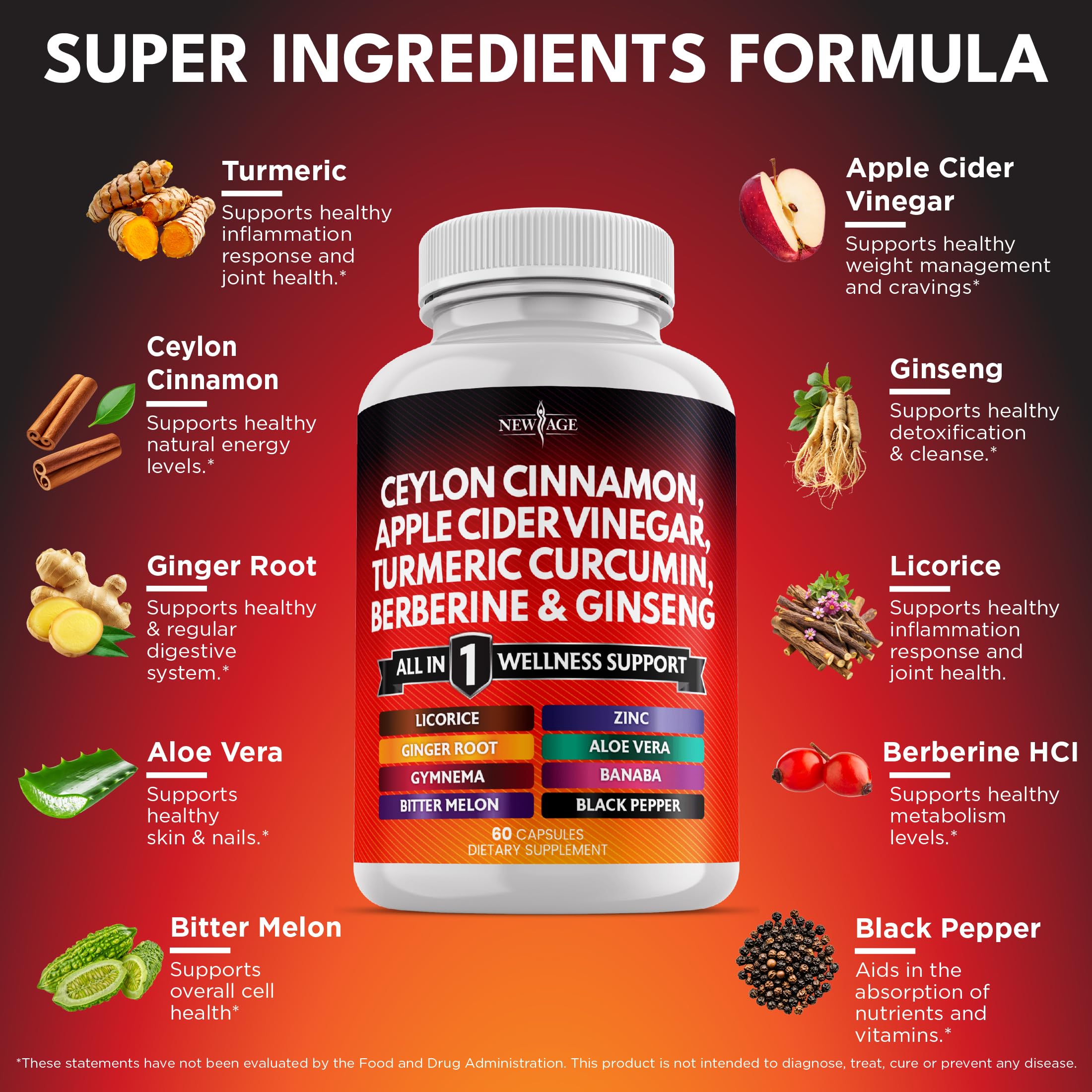 Ceylon Cinnamon Turmeric Apple Cider Vinegar Ginseng Aloe Vera Berberine Banaba Ginger Root - 120 Count