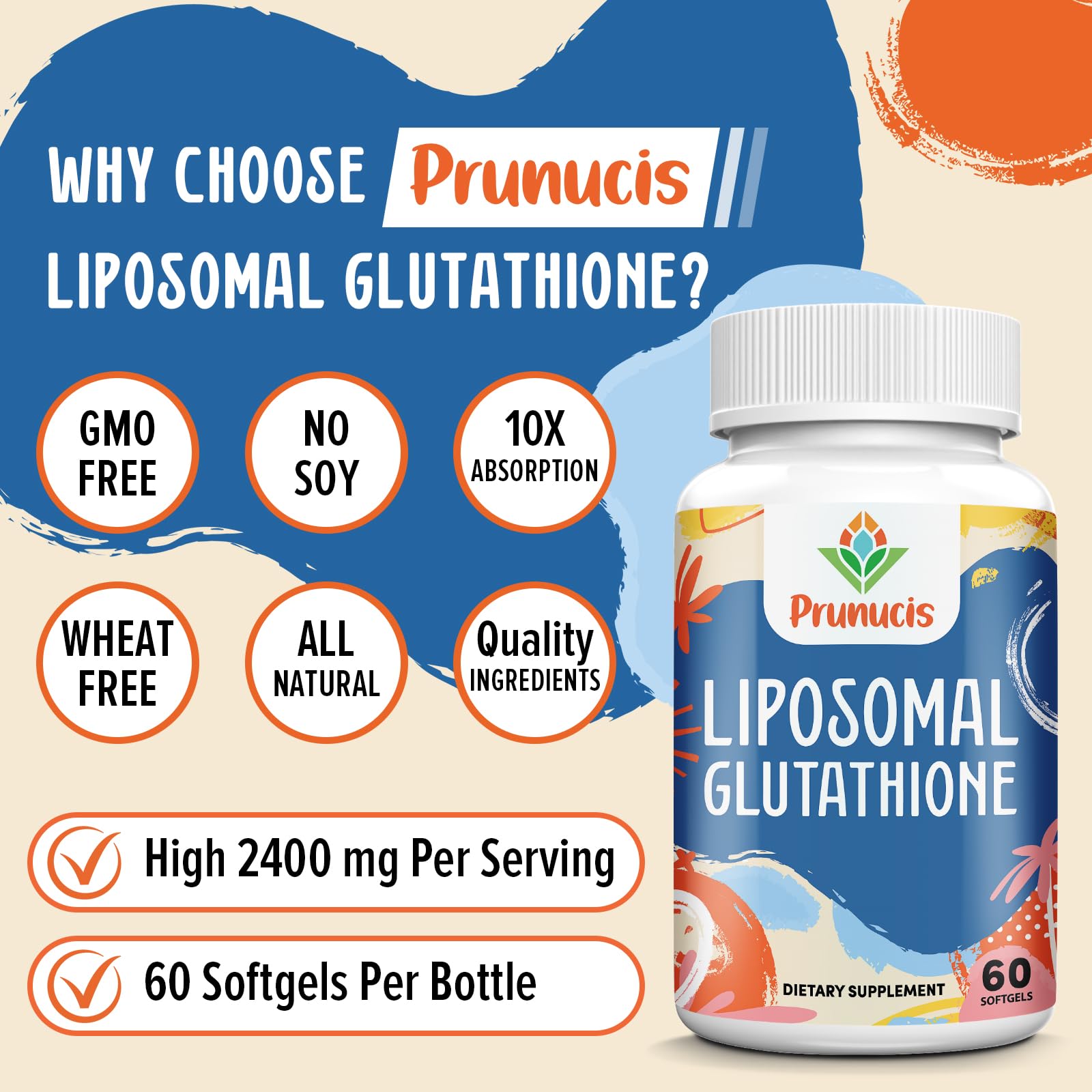 Prunucis 2400mg Liposomal Glutathione with Vitamin C, Milk Thistle & Alpha-Lipoic Acid – 240 Softgels