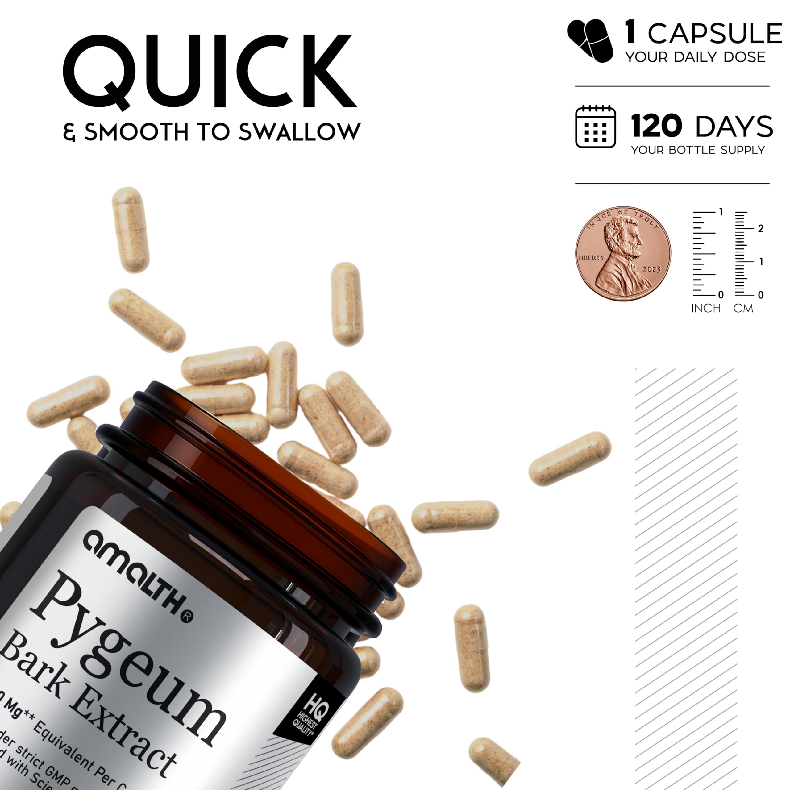 Amalth Pygeum Bark Extract Powder – Higher Potency (6.5% Phytosterols) – Herbal Supplements 120 Capsules – Non-GMO