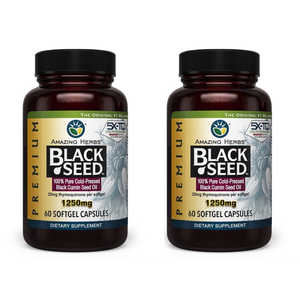 Amazing Herbs Premium Black Seed Oil Capsules - 1250mg, Cold-Pressed Nigella Sativa | Pack of 2 (60 Count Each)