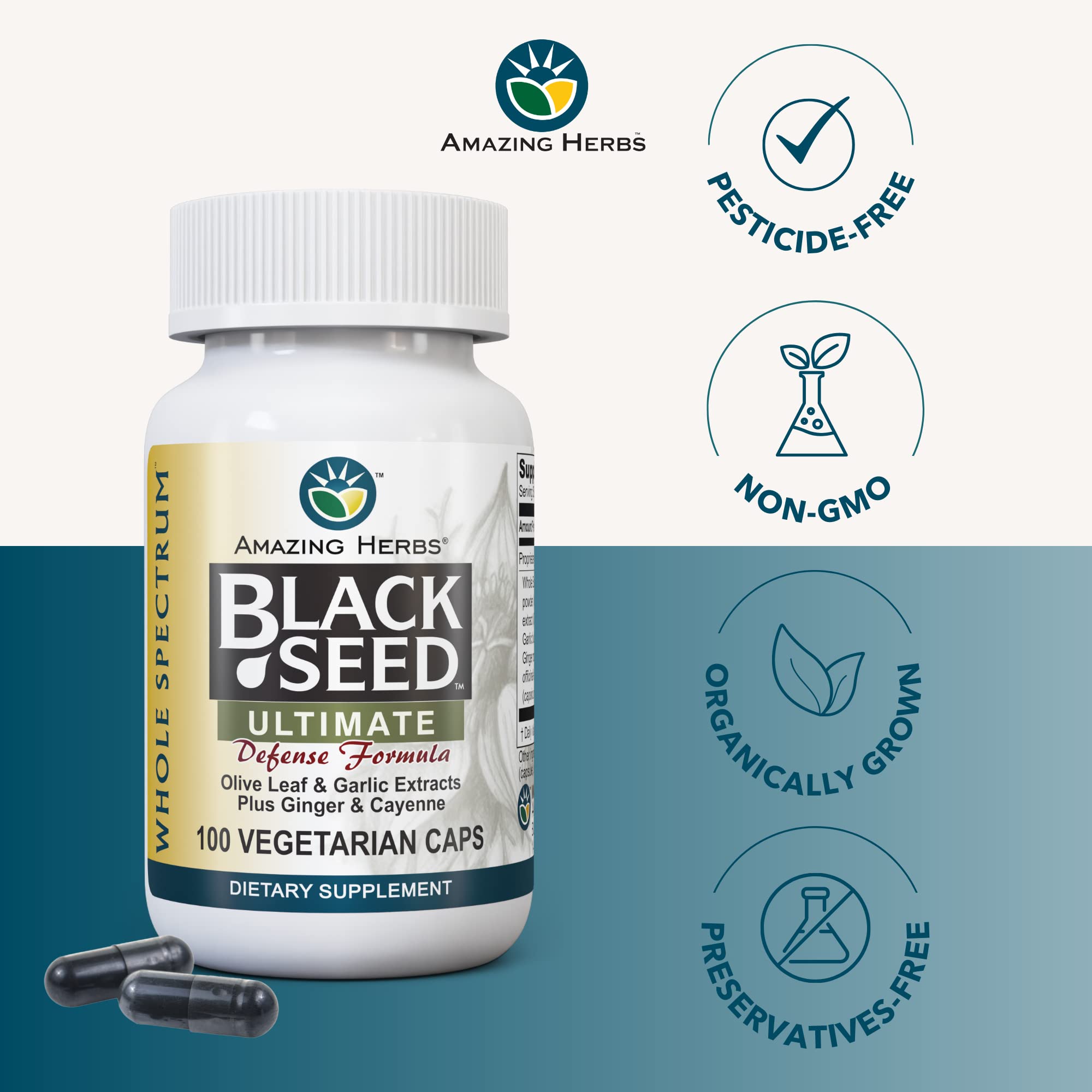 Amazing Herbs Whole Spectrum Black Seed Ultimate – Vegetarian Capsules (Olive Leaf, Garlic, Ginger, Cayenne) – Gluten Free & Vegan – 100 Count