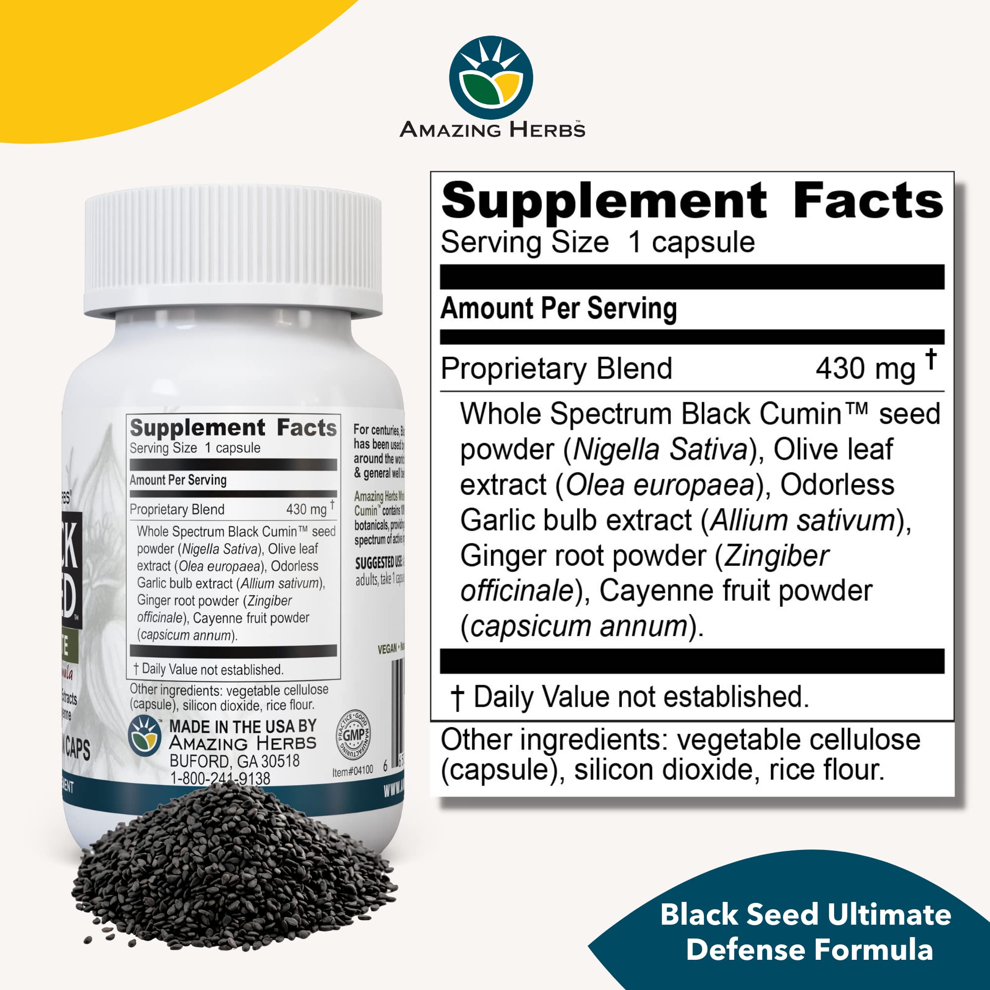 Amazing Herbs Black Seed Ultimate - Vegan Capsules with Olive Leaf & Cayenne | 100 Count
