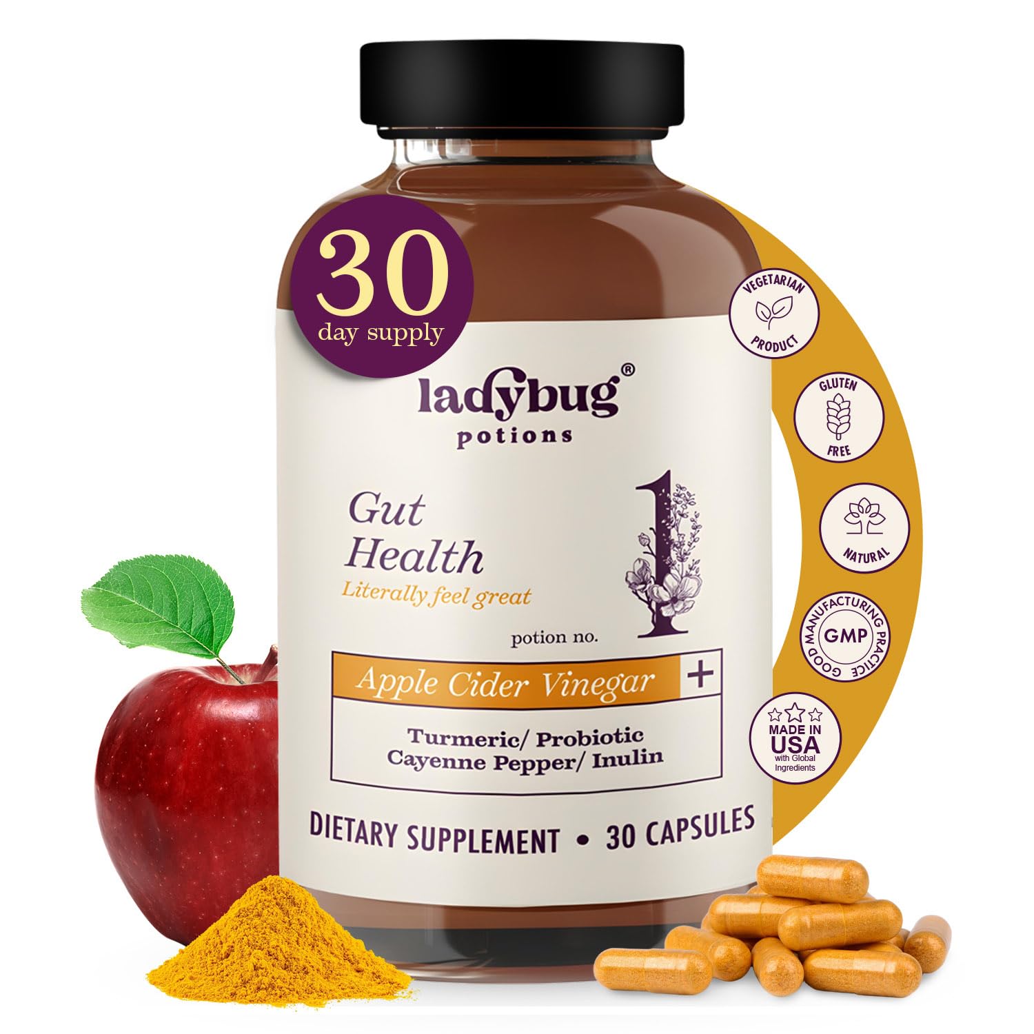 Ladybug Potions Organic Apple Cider Vinegar Capsules 450 mg | Turmeric, Probiotics & Cayenne