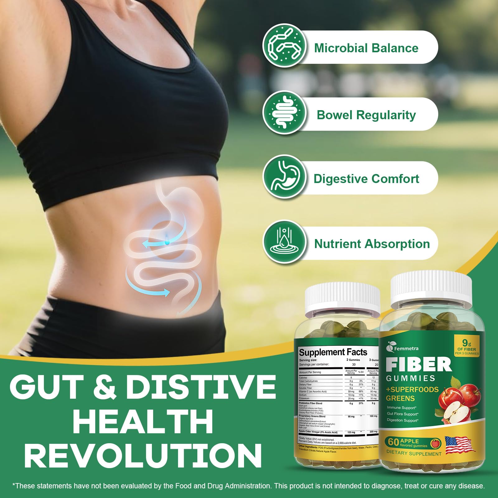 13-in-1 Prebiotic Fiber Gummies for Adults – Greens Blend, Inulin & ACV, Sugar Free Apple Flavor | 60 Vegan Gummies