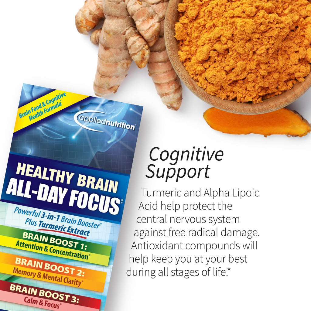 Applied Nutrition Healthy Brain All-Day Focus - 50 Tablets - 3-in-1 Brain Booster with Turmeric