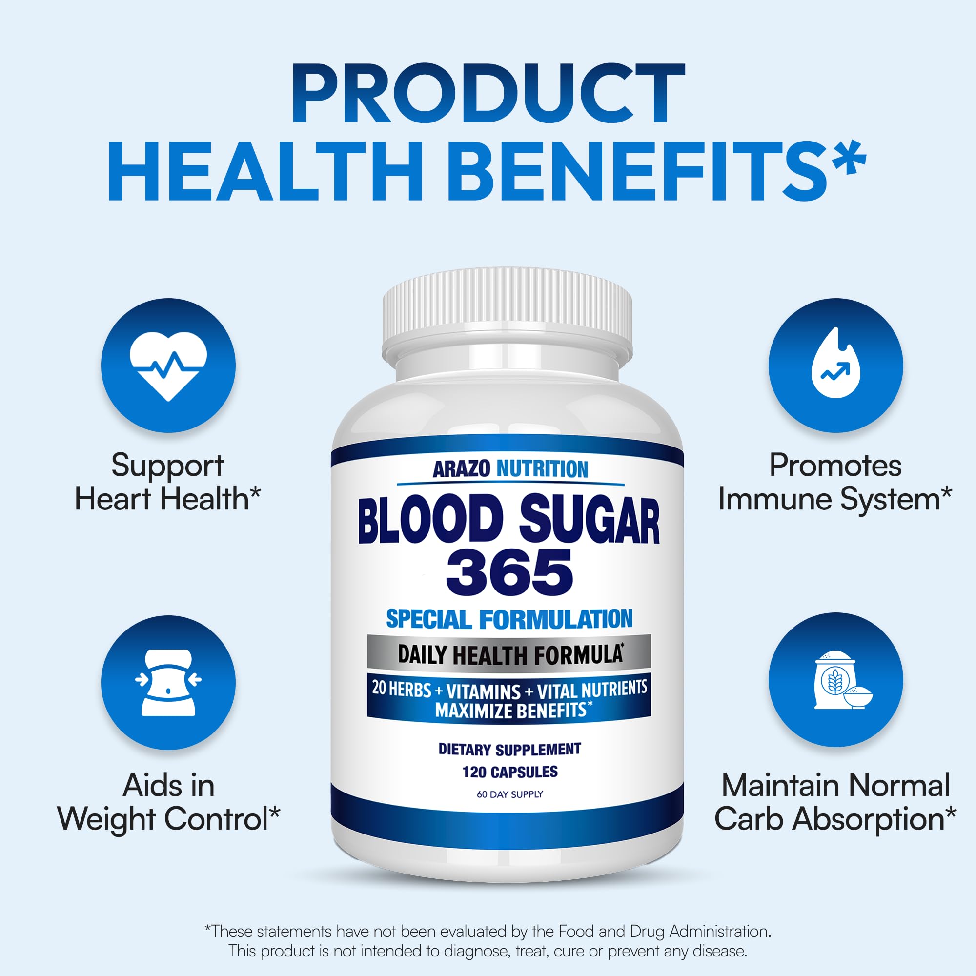 Arazo Nutrition Blood Sugar 365 – 120 Herbal Pills, 60 Day Supply (Pack of 2) – Supports Healthy Energy Levels
