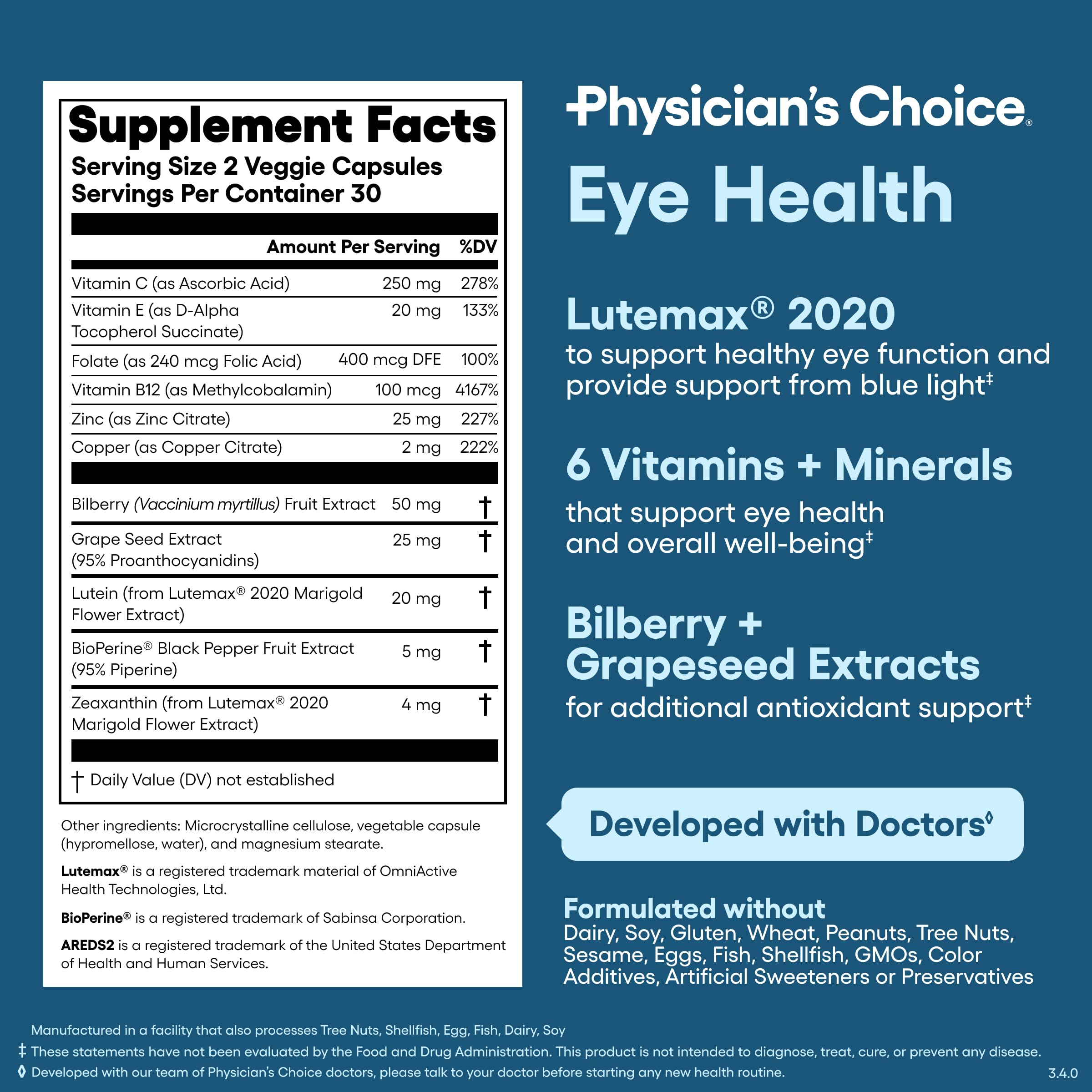 Areds 2 Eye Vitamins - Lutein, Zeaxanthin & Bilberry Extract - Supports Eye Strain, Dry Eyes, and Vision Health - 2 Award-Winning Clinically Proven Eye Vitamin Ingredients - Carotenoid Blend
