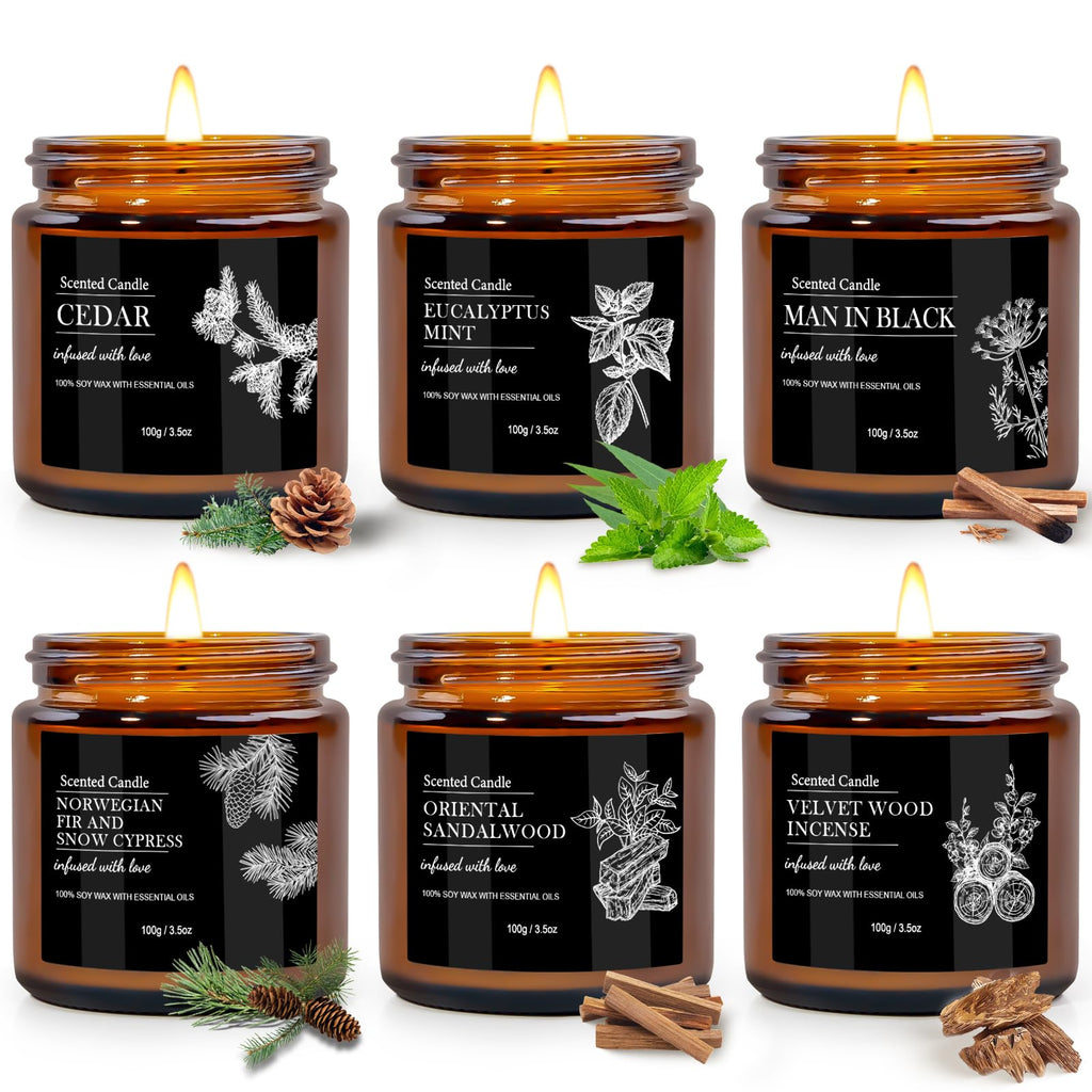 Scented Candles for Men - 6 Pack Aromatherapy Candles | Sandalwood Cedar | 150 Hour Burn Time
