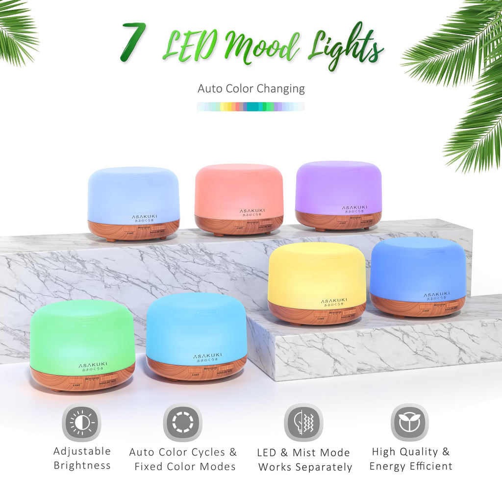 ASAKUKI Oil Diffuser with Essential Oils Set, 500ml Aromatherapy Humidifier with 14 LED Colors & Auto Shut-Off - 6 Oil Gift Pack(Lavender Eucalyptus Tea Tree Orange Peppermint Lemongrass)
