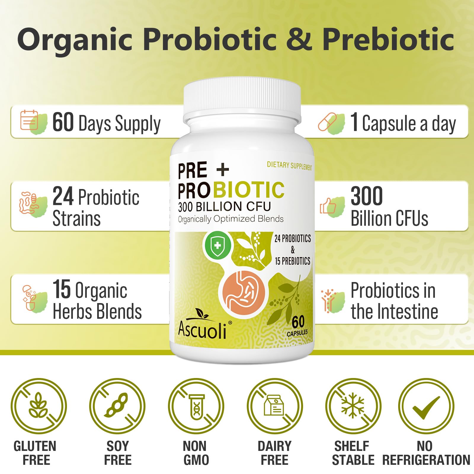 Ascuoli Probiotics for Women & Men – 300B CFU, 24 Strains + 15 Organic Herbs Prebiotic Blend | 240 Veg Capsules