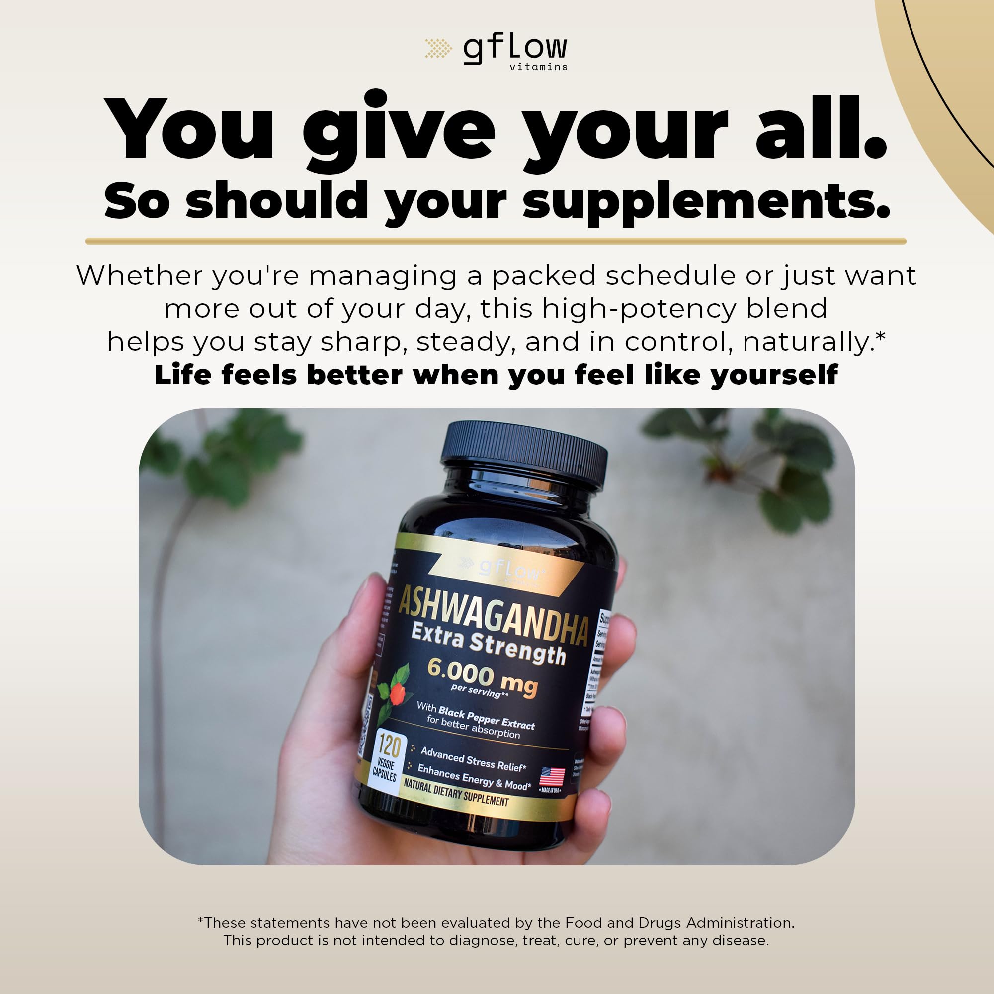 gflow vitamins Ashwagandha 6000mg – Extra Strength, vegan, non-GMO – Made in USA | Sleep, Mood & Energy | Pack of 3