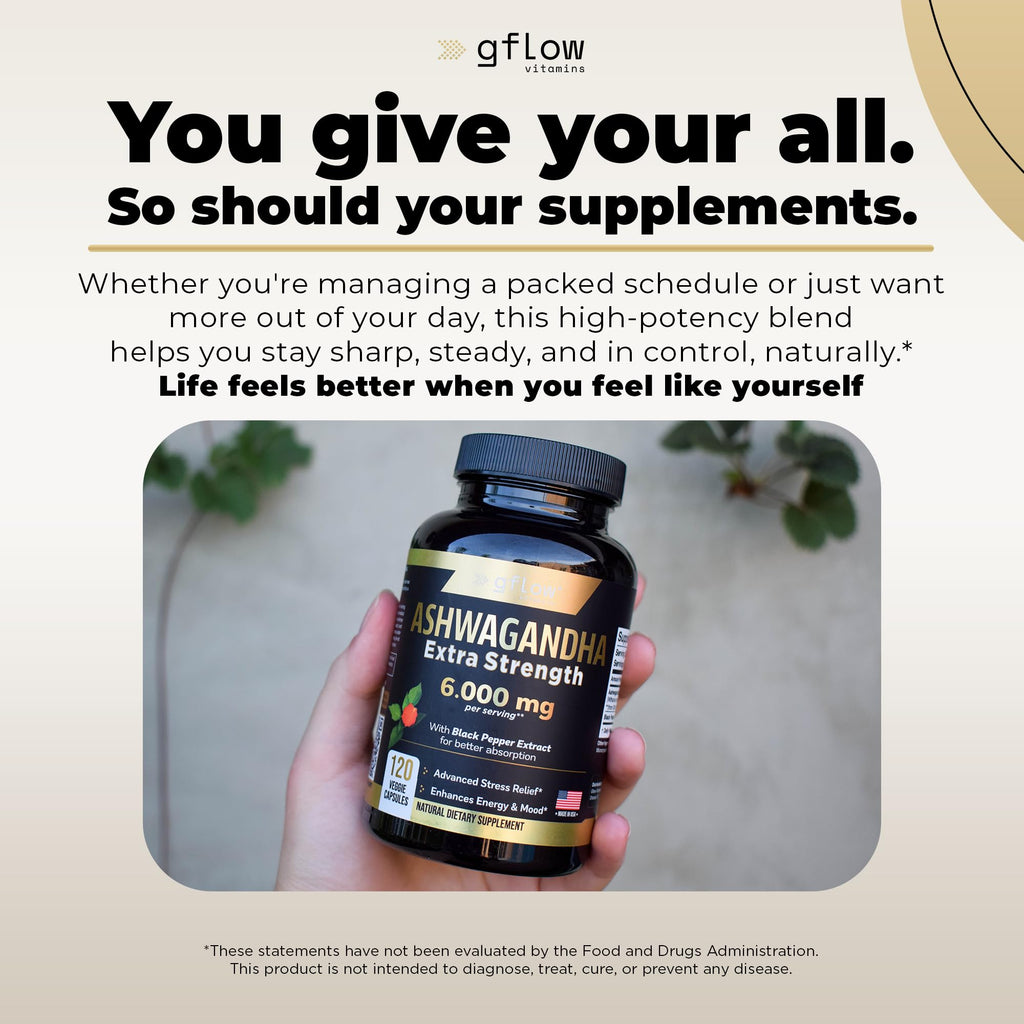 Gflow Ashwagandha 6000mg – Extra Strength for Women & Men | Sleep, Mood & Energy | Made in USA
