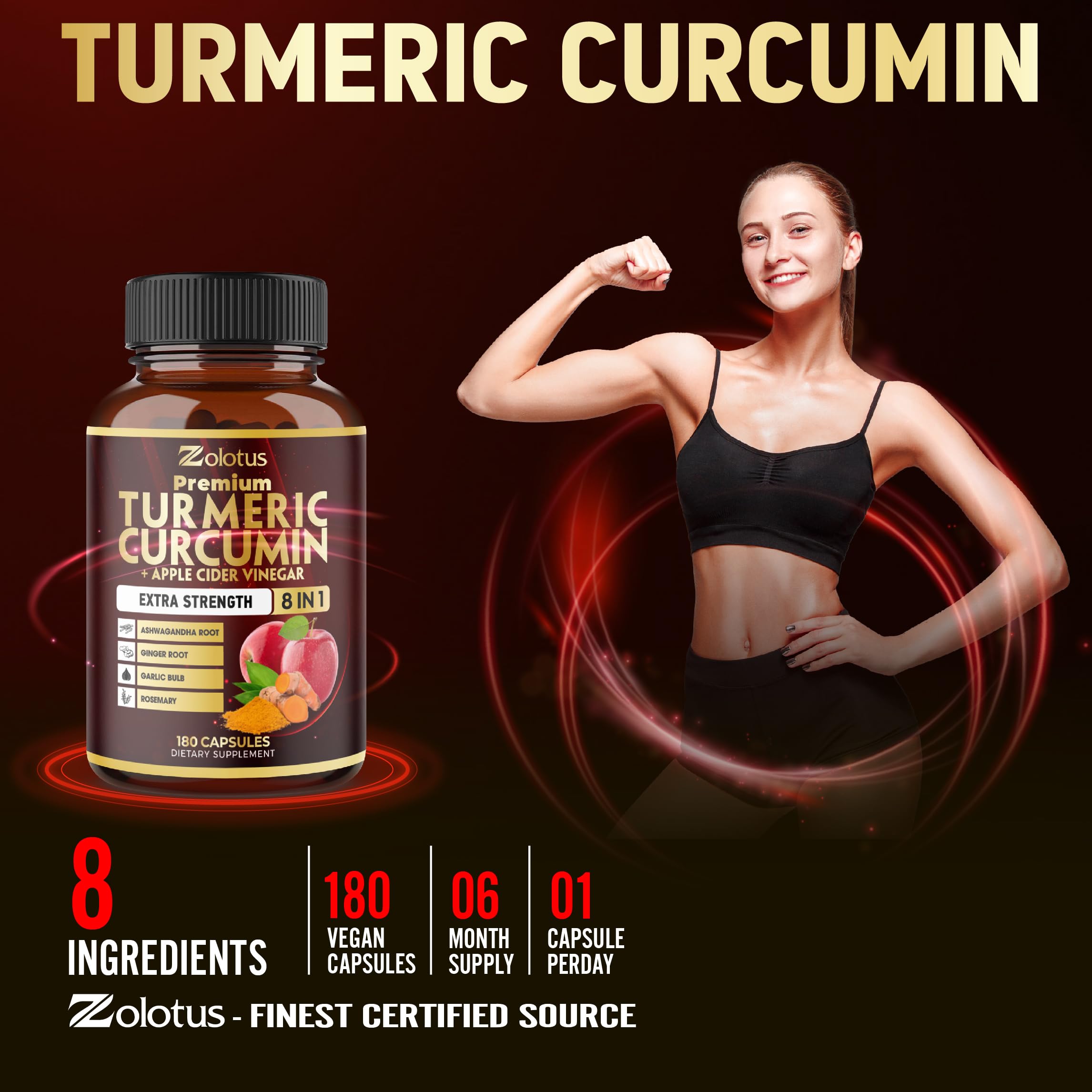 7 in 1 Turmeric Curcumin + Apple Cider Vinegar Capsules – 180 Count, 6 Month Supply