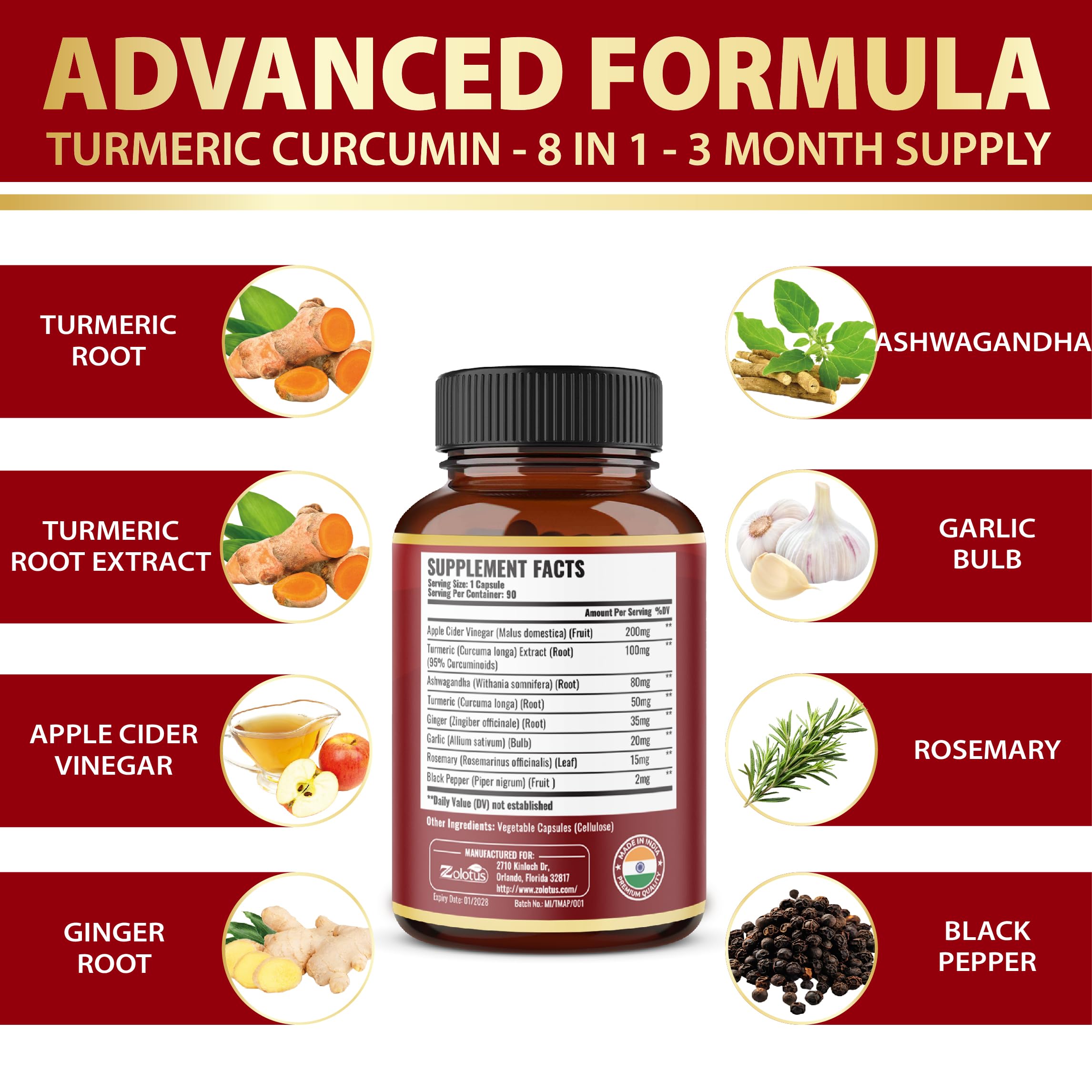 7 in 1 Turmeric Curcumin + Apple Cider Vinegar Capsules – 3 Month Supply