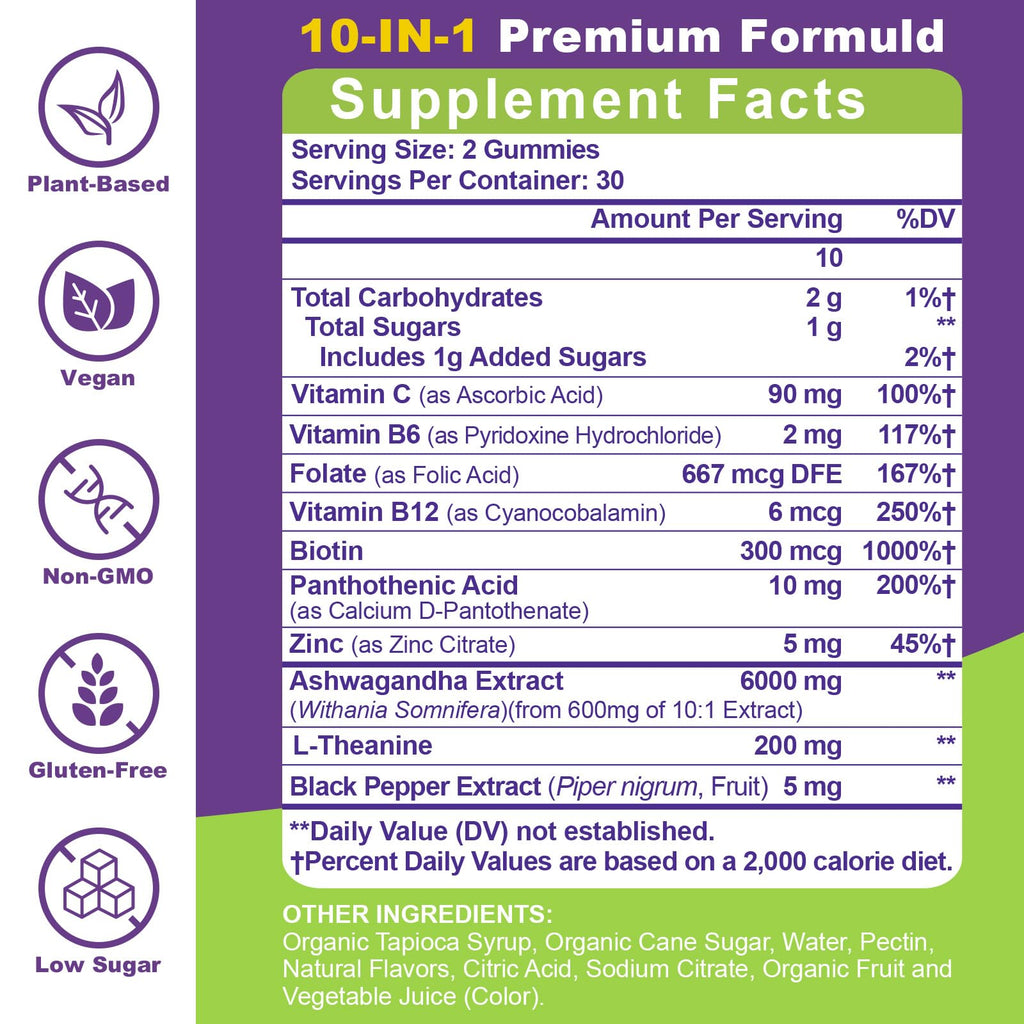 Ashwagandha Gummies - 10 in 1 Organic Ashwaganda Gummies for Women & Men, with L Theanine, Vitamin B6, Black Pepper for Relaxation*, Cognitive, Immune, Zzz, Cortisol, Vegan, Berry Flavor - 60 Count