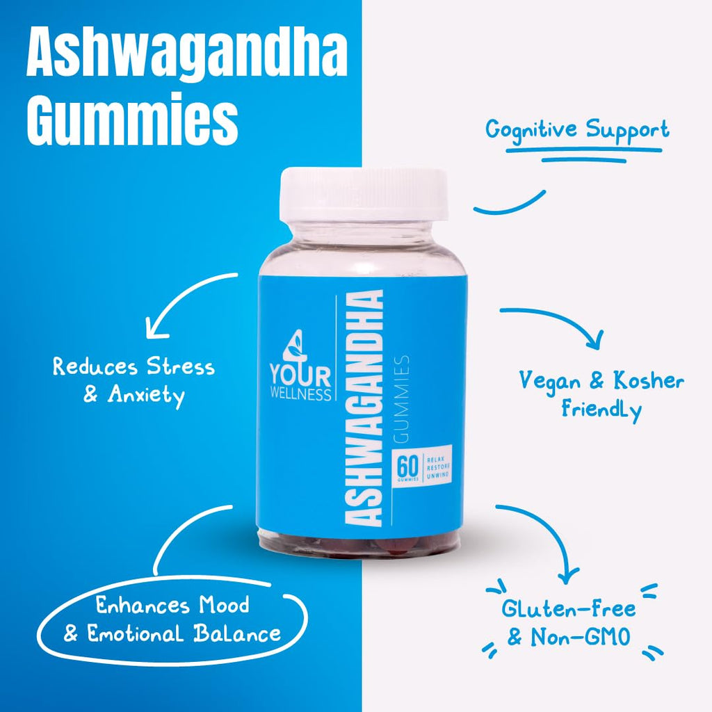 4 Your Wellness Ashwagandha Gummies – Mixed Berry, KSM-66, Lion's Mane, Vitamin D (60 Count) | Non-GMO, Gluten-Free, Kosher