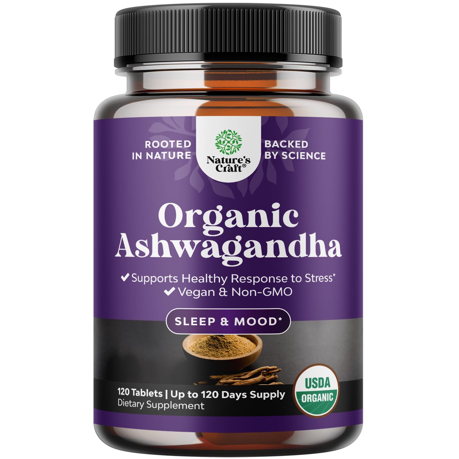 High Strength Organic Ashwagandha Supplements - Mood Support & Hormone Balance | 120 Ct