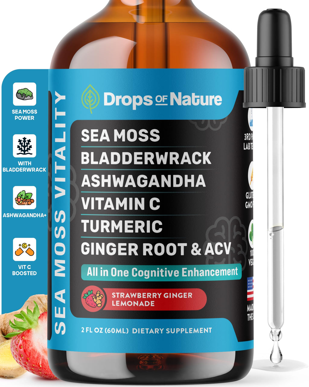 Ashwagandha & Turmeric Liquid Drops – Strawberry Ginger Lemonade (60mL) | Vegan Immune Support, Vitamin C, Sea Moss & Apple Cider Vinegar