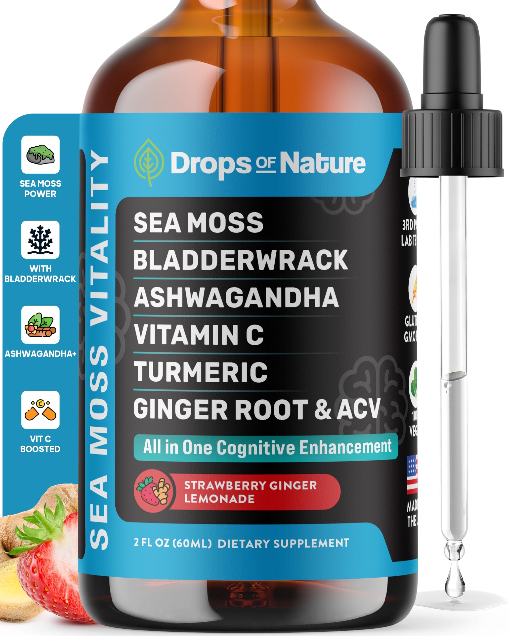 Ashwagandha & Turmeric Liquid Drops – Strawberry Ginger Lemonade (60mL) | Vegan Immune Support, Vitamin C, Sea Moss & Apple Cider Vinegar