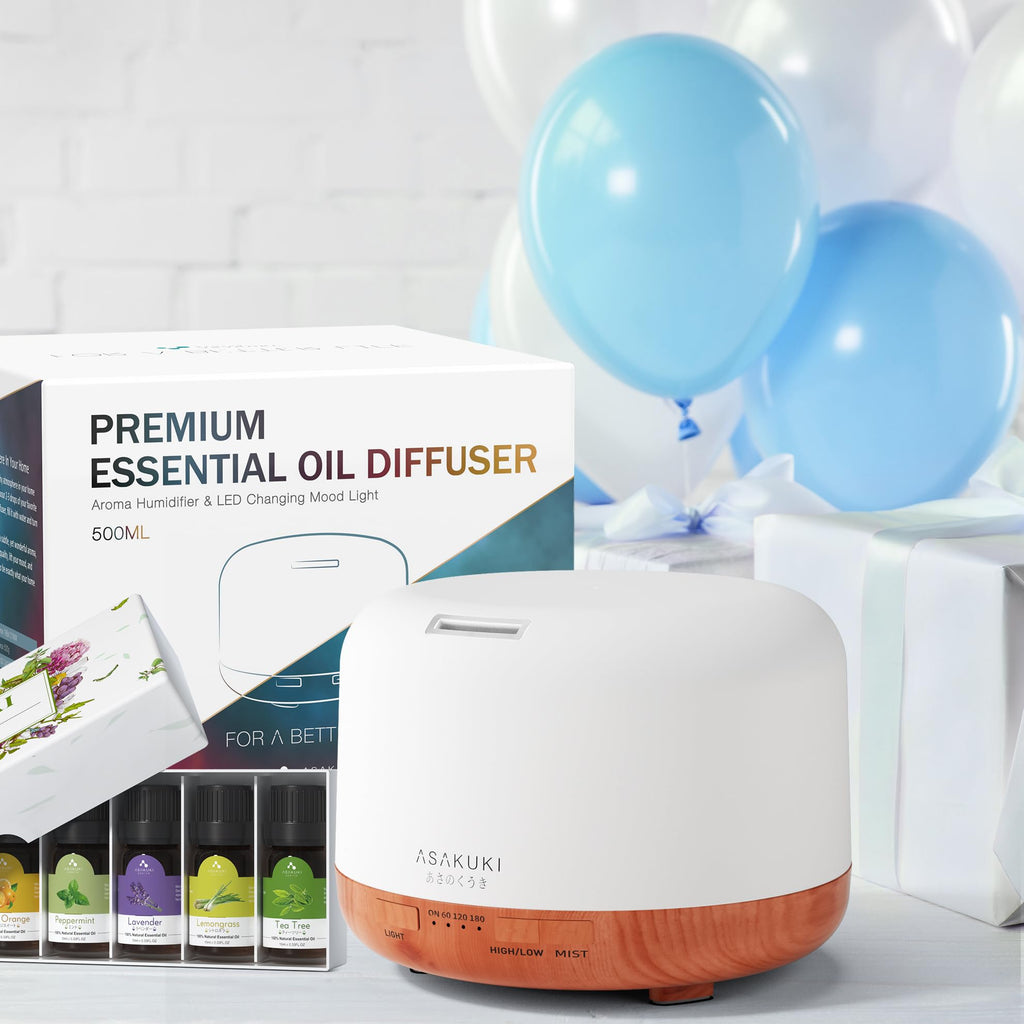 ASAKUKI Oil Diffuser with Essential Oils Set, 500ml Aromatherapy Humidifier with 14 LED Colors & Auto Shut-Off - 6 Oil Gift Pack(Lavender Eucalyptus Tea Tree Orange Peppermint Lemongrass)