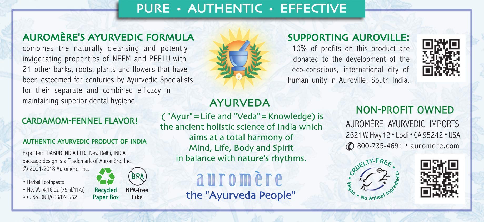 Auromere Ayurvedic Toothpaste – Cardamom Fennel, Foam-Free, Fluoride-Free, Vegan (2 Pack)