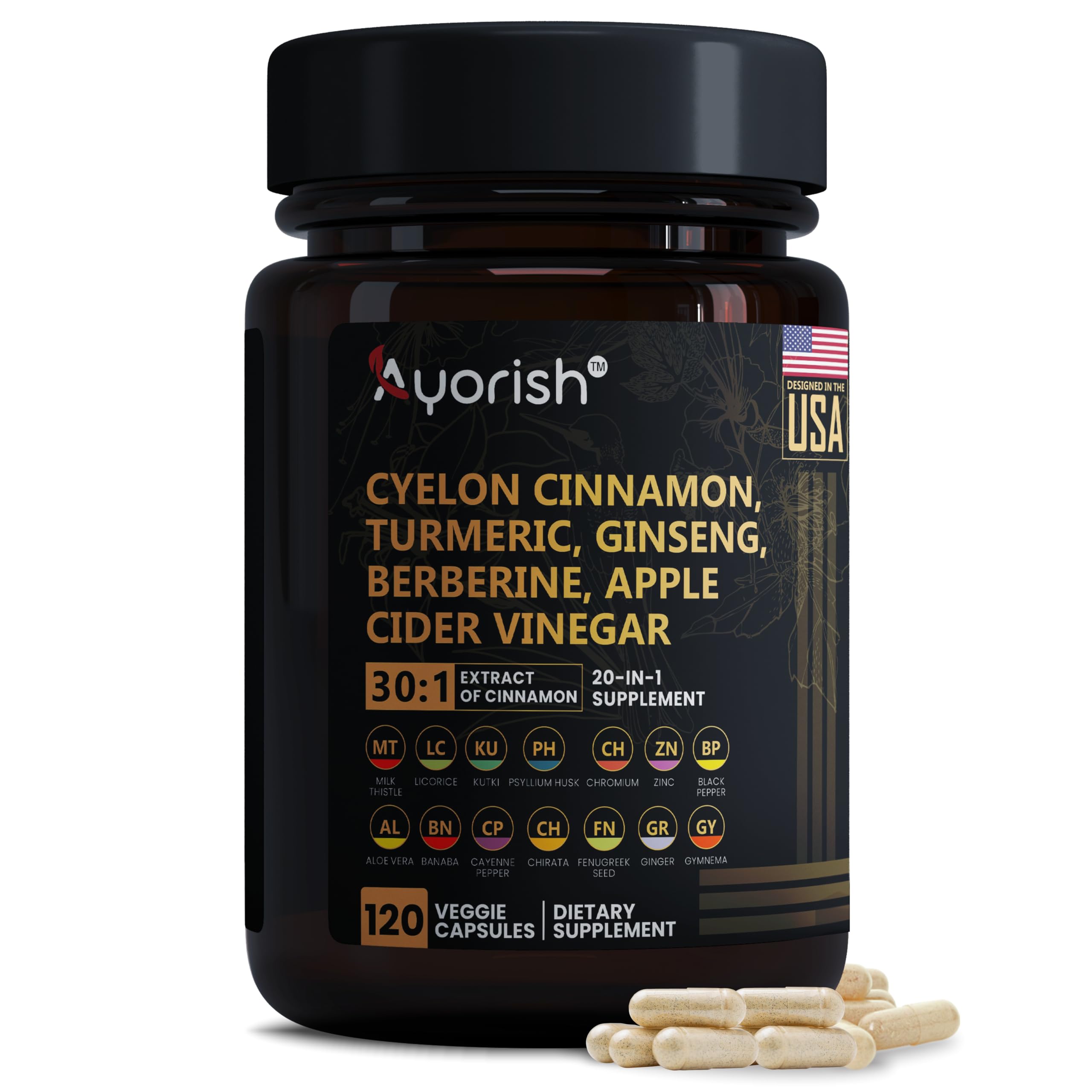 Ayorish Ceylon Cinnamon Capsule 30:1 Extract Equivalent to 9000mg | Turmeric, Ginseng, Apple Cider Vinegar Berberine Plus Bitter Melon Gymnema, Kutki, Chirata 120 Veg Capsules – 60 Days Supply