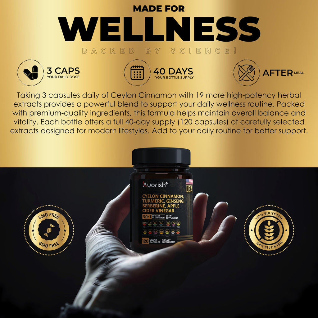 Ayorish Ceylon Cinnamon Capsule 30:1 Extract Equivalent to 9000mg | Turmeric, Ginseng, Apple Cider Vinegar Berberine Plus Bitter Melon Gymnema, Kutki, Chirata 120 Veg Capsules – 60 Days Supply