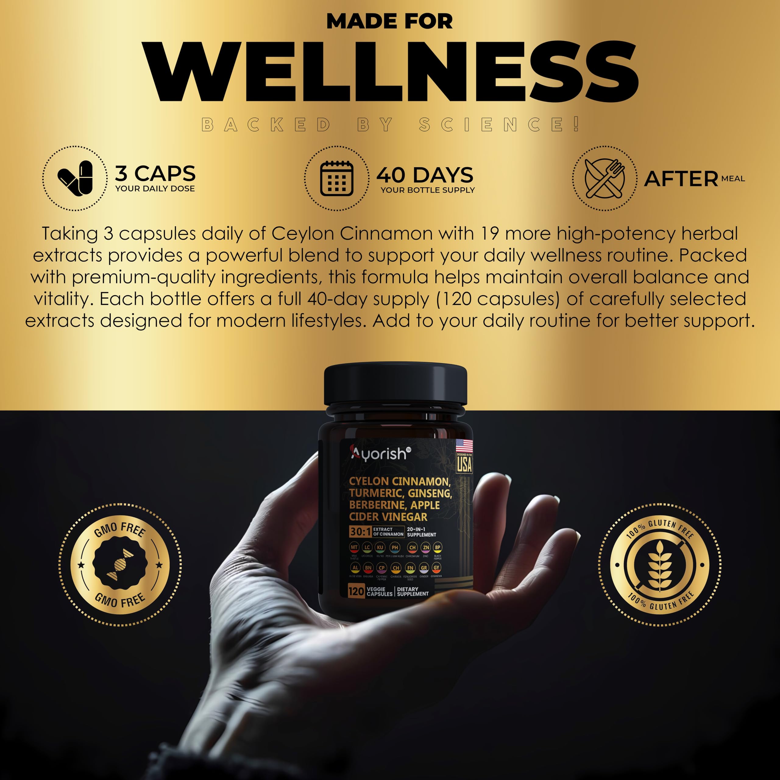 Ayorish Ceylon Cinnamon Capsule 30:1 Extract Equivalent to 9000mg | Turmeric, Ginseng, Apple Cider Vinegar Berberine Plus Bitter Melon Gymnema, Kutki, Chirata 120 Veg Capsules – 60 Days Supply