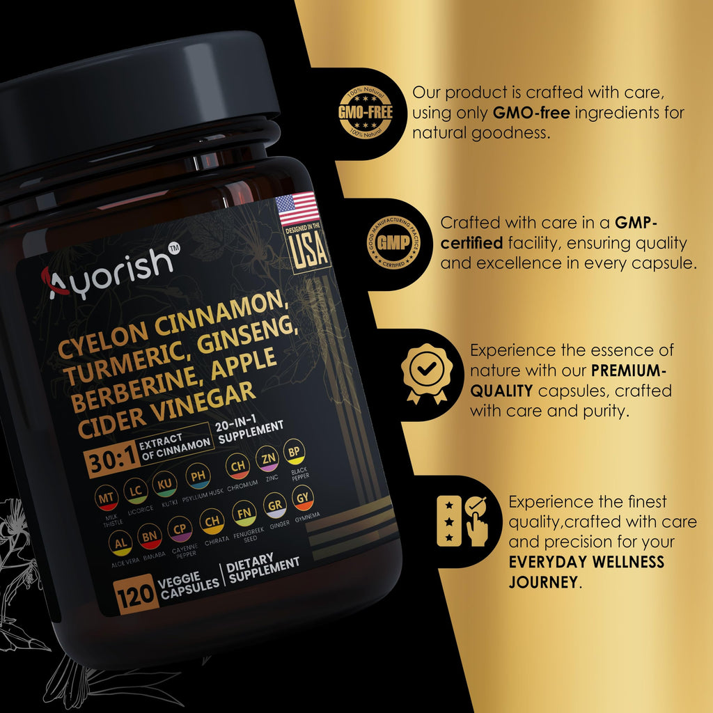 Ayorish Ceylon Cinnamon Capsule 30:1 Extract Equivalent to 9000mg | Turmeric, Ginseng, Apple Cider Vinegar Berberine Plus Bitter Melon Gymnema, Kutki, Chirata 120 Veg Capsules – 60 Days Supply
