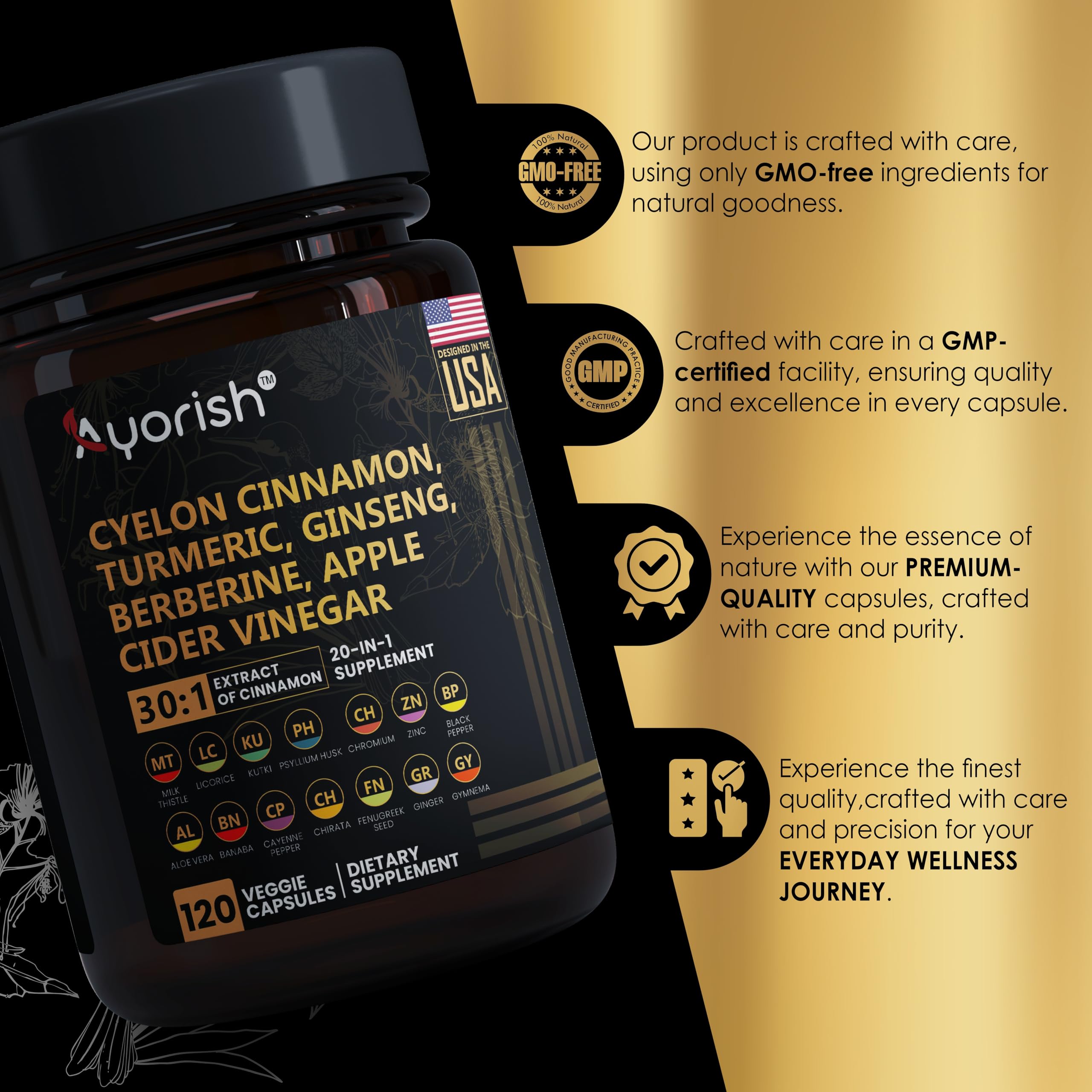 Ayorish Ceylon Cinnamon Capsule 30:1 Extract Equivalent to 9000mg | Turmeric, Ginseng, Apple Cider Vinegar Berberine Plus Bitter Melon Gymnema, Kutki, Chirata 120 Veg Capsules – 60 Days Supply