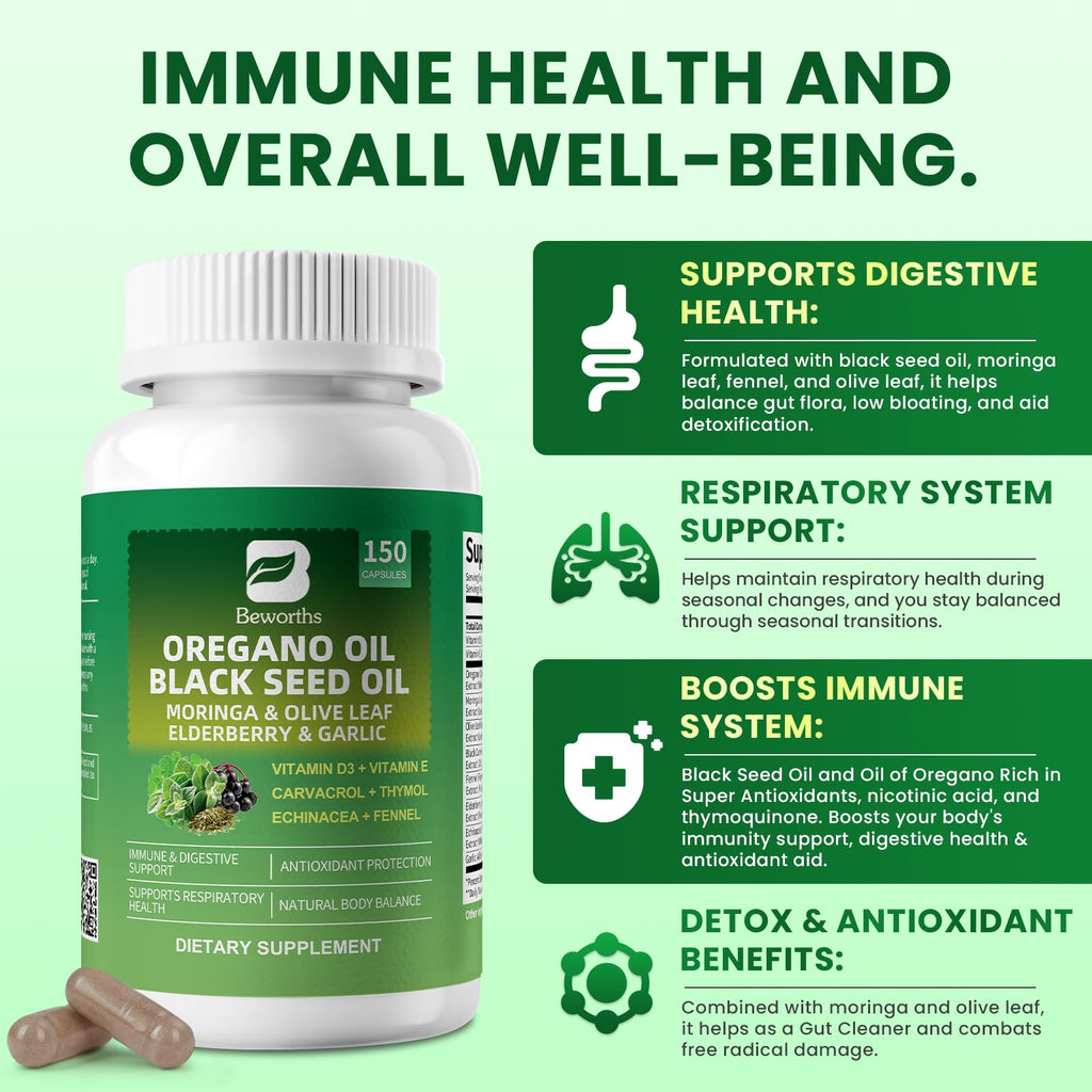 B BEWORTHS Oil of Oregano with Black Seed Oil – Carvacrol Oregano Oil Capsules for Immune & Digestive Support