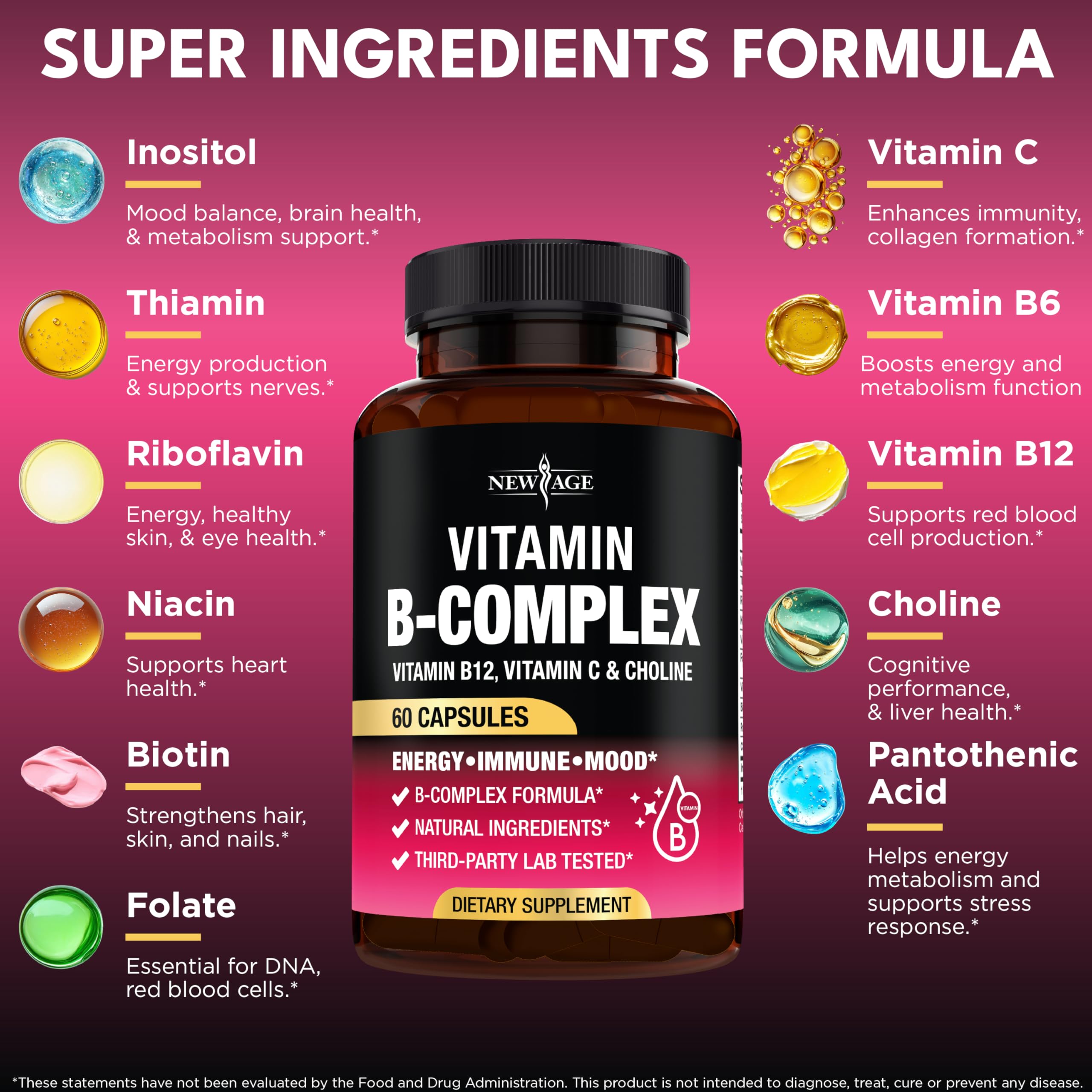 NEW AGE Vitamin B Complex for Men & Women — Made in USA, 180 Vegan Capsules