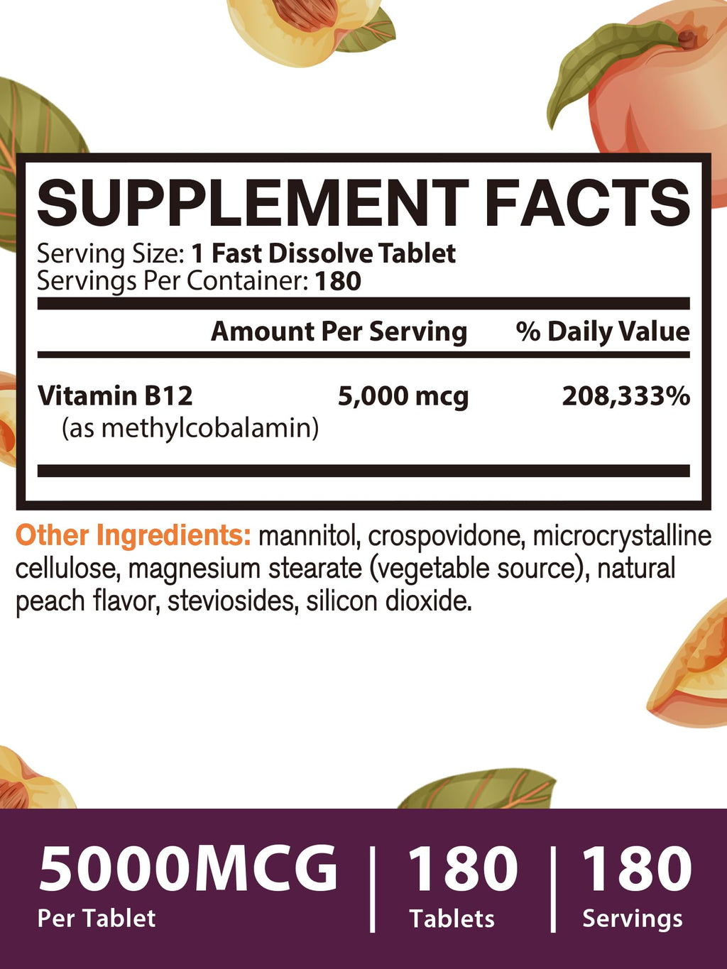 Vitamin B12 Sublingual 5000mcg – Energy & Nerve Support, Peach Flavor