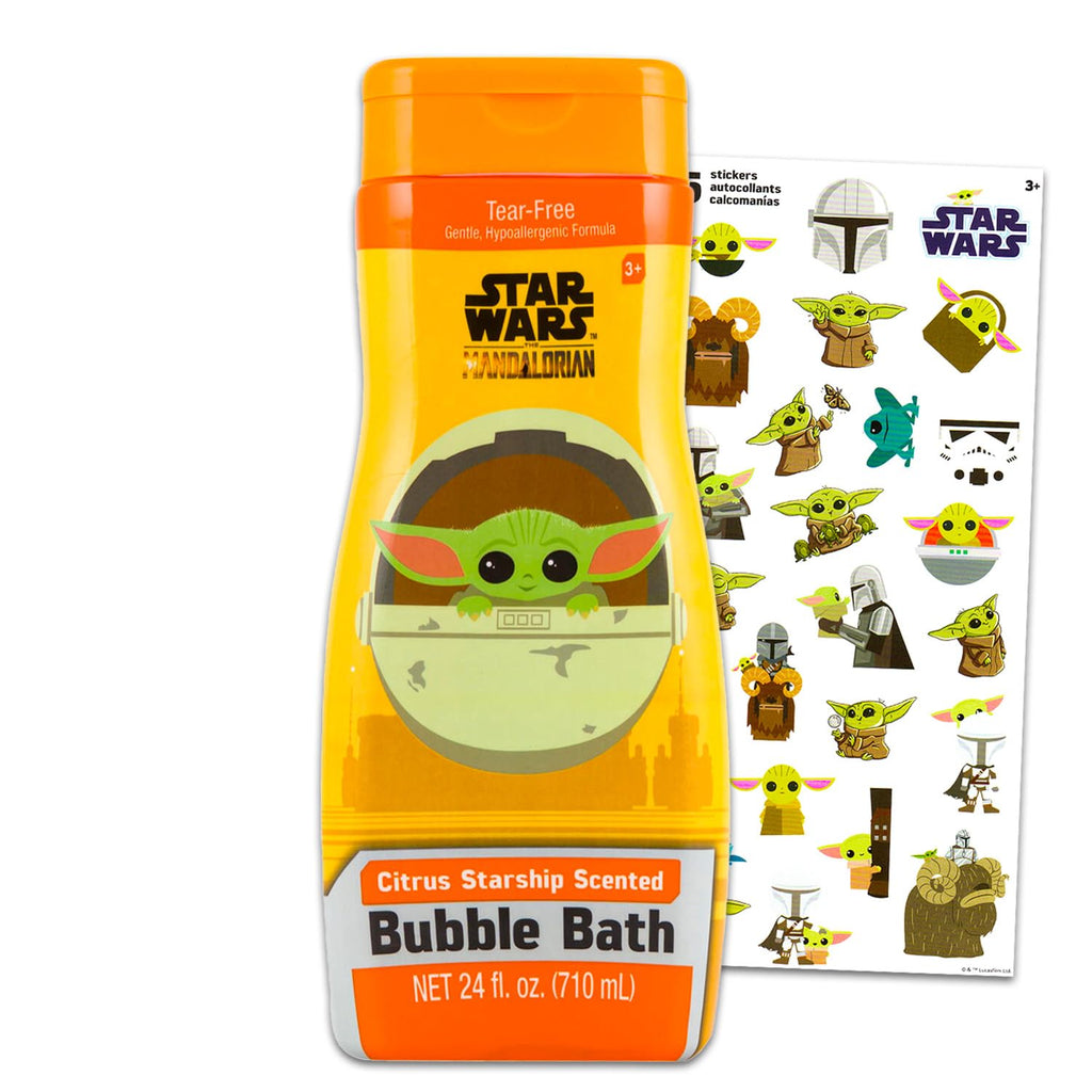 Baby Yoda Bubble Bath for Kids – 24 oz Citrus Starship Scent | Star Wars Mandalorian Bath Set with Stickers