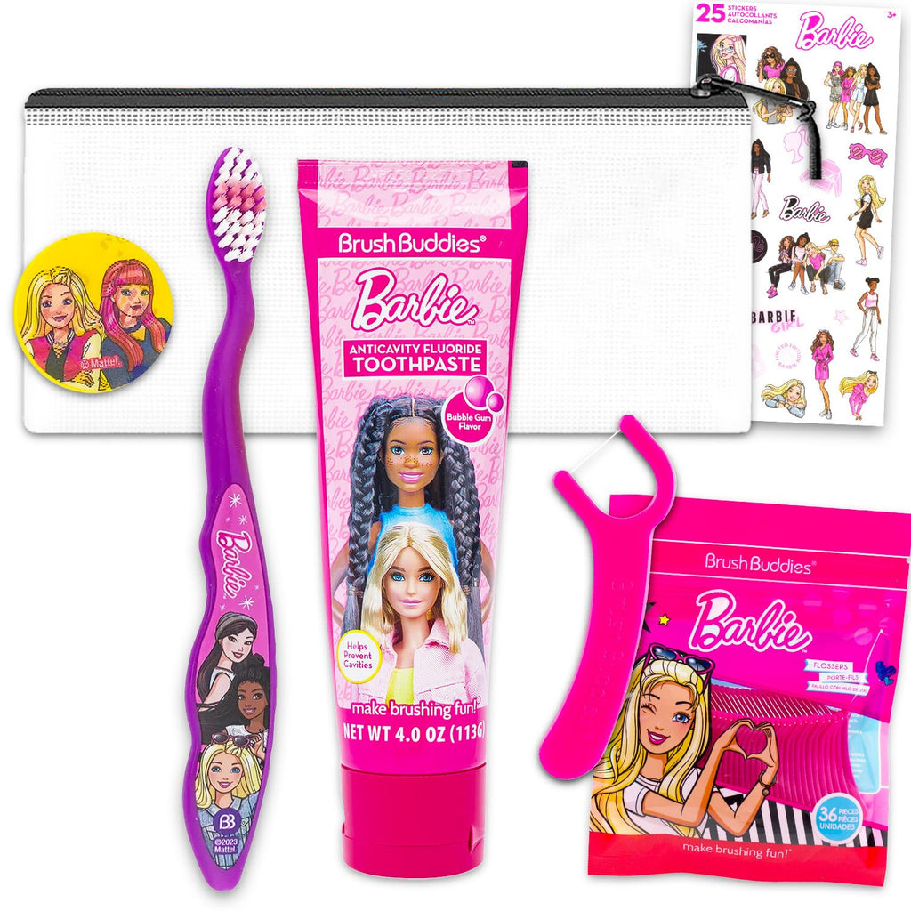 Barbie Oral Care Traveling Kit for Kids – Toothbrush Set with Cover, Toothpaste, Floss, and Travel Bag