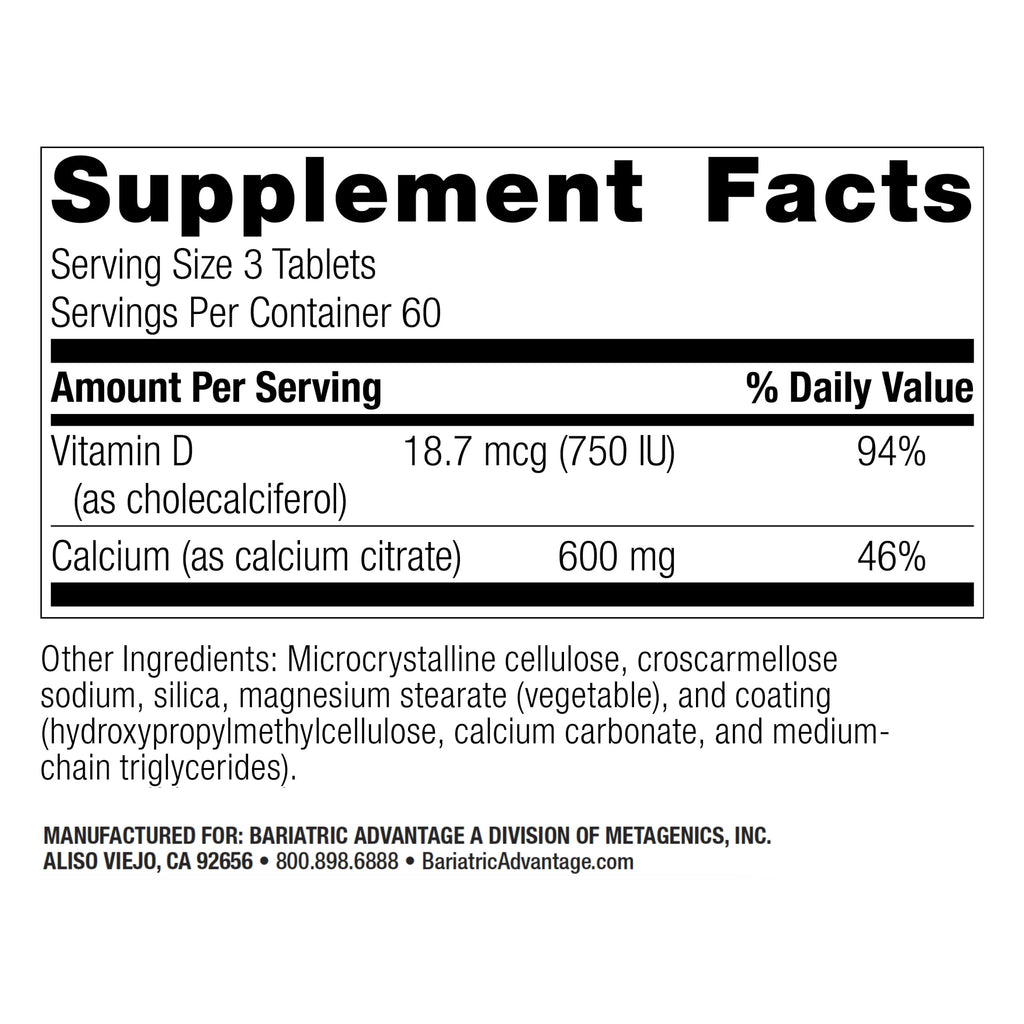 Bariatric Advantage Calcium Citrate 600 mg Non-Chewable | Vitamin D3 | 180 Tablets